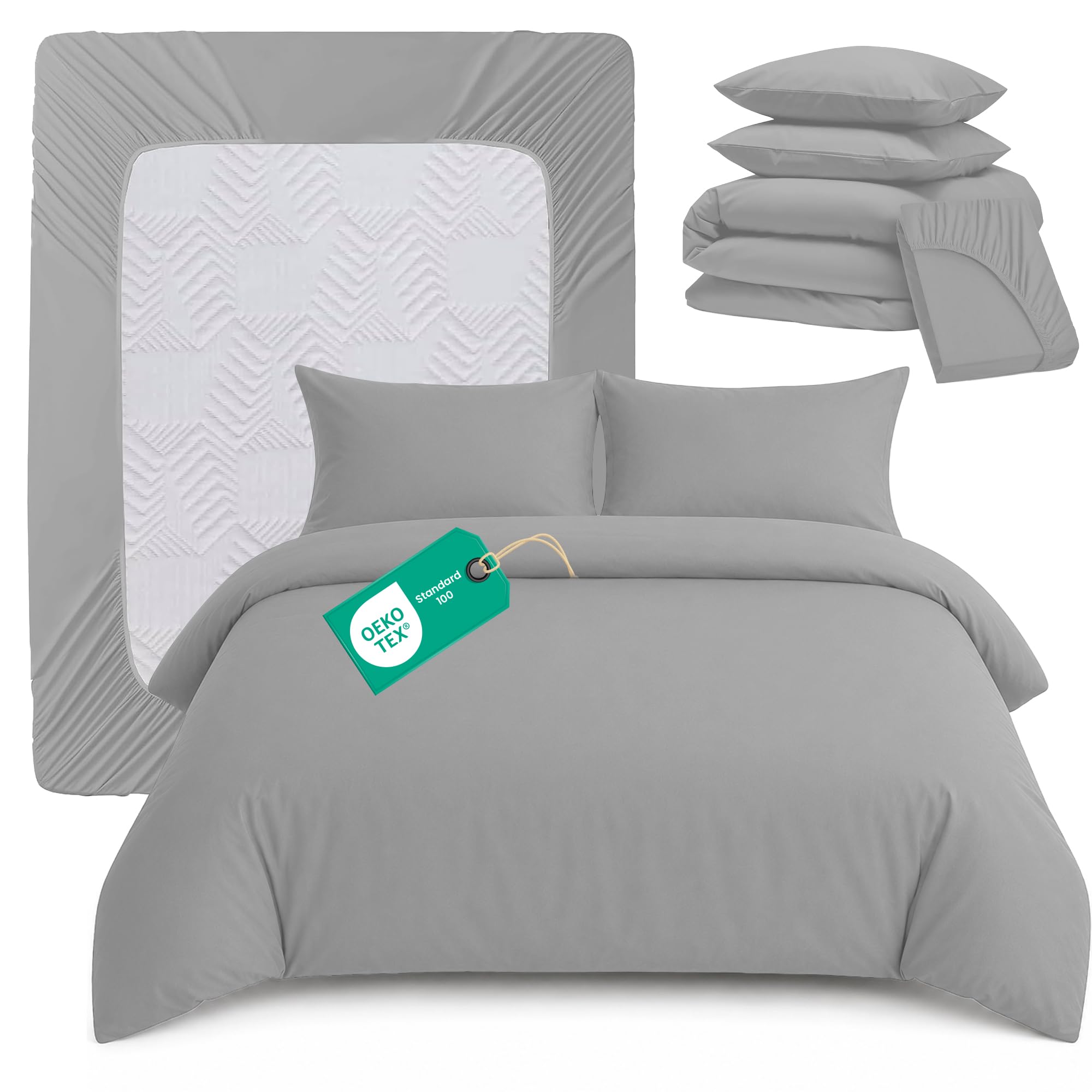 Linens World Single Size Duvet Cover Set 3 Piece – OEKO-TEX Certified Ultra Soft Brushed Microfiber Bedding Set with 26cm Deep Fitted Sheet & 1 Pillowcase, Button Closure (Silver, 135 x 200 cm)