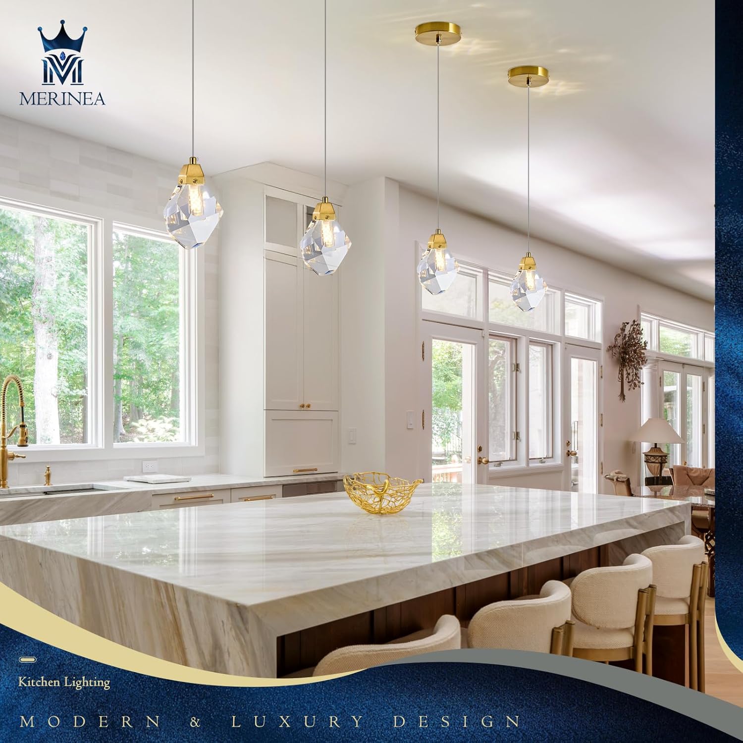 Diamond Crystal Pendant Light, 1-Light Mini Hanging Ceiling Light in Gold Brushed Brass Finish with Prism Crystal and Color Changing LED for Kitchen Island, Dining Room, Bedroom, Hallway, Bar