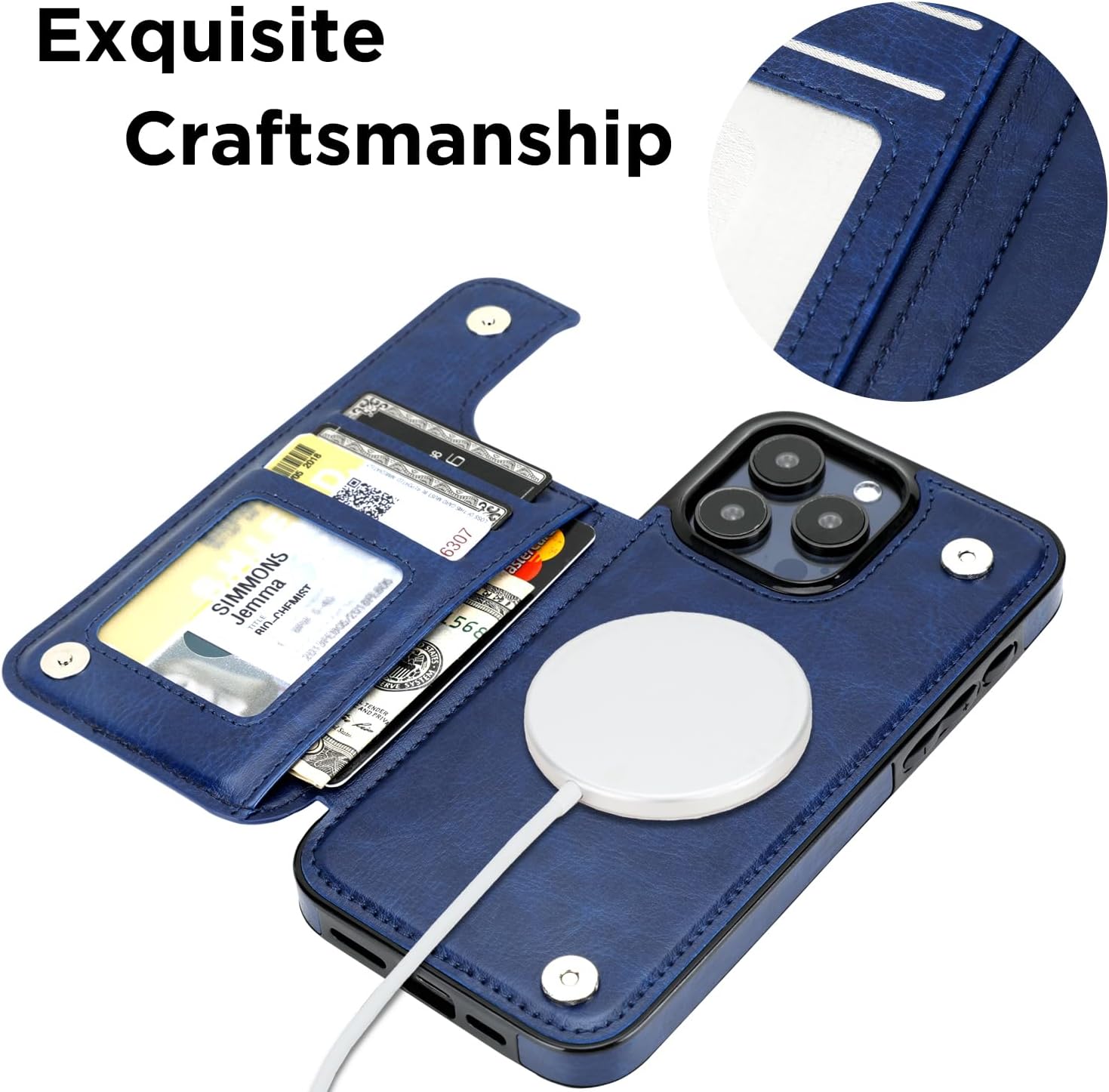 uCOLOR for iPhone 15 Pro Max 6.7" Wallet Case Magsafe with Card Holder Slot【Compatible with MagSafe】 Folio Flip PU Leather Double Magnetic RFID Design (Navy Blue Flowers)