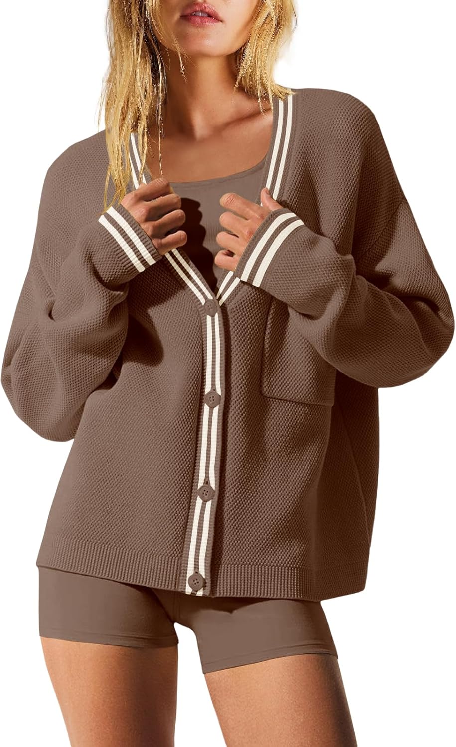 Nirovien Womens Oversized Cardigan Sweaters Button Down Knit Fall Sweater Long Sleeve Striped Coats