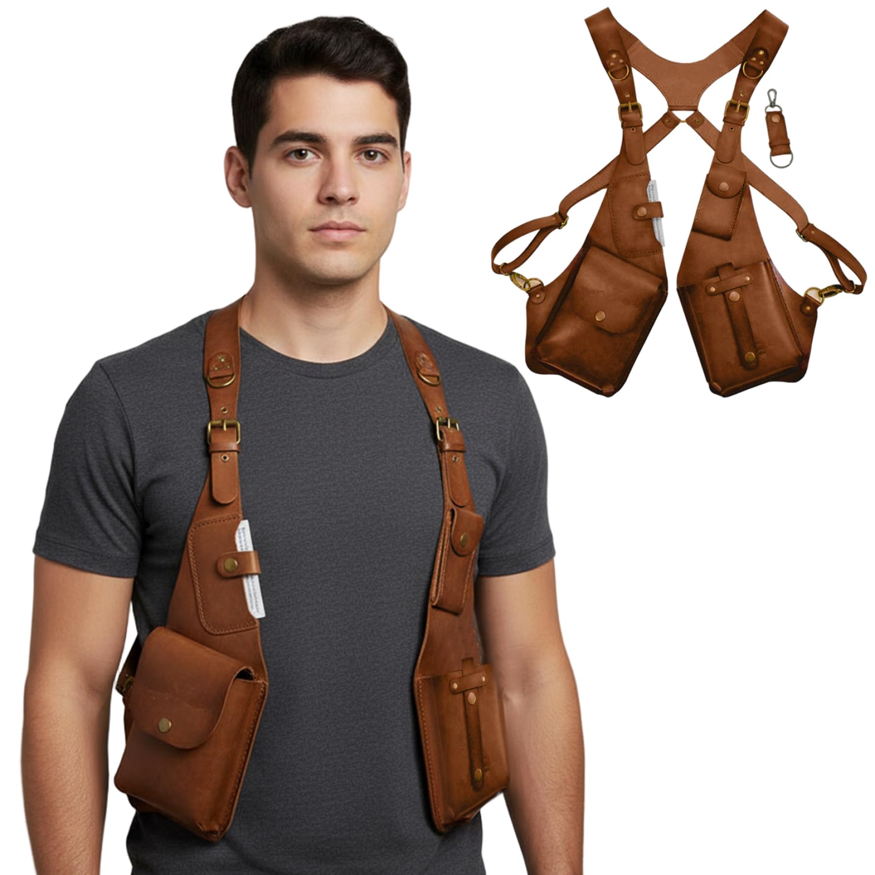 Sac à bandoulière sous les bras pour hommes, sac à bandoulière réglable antivol vintage en cuir PU avec multi-poches pour l'extérieur, marron clair, Heimdekorationen