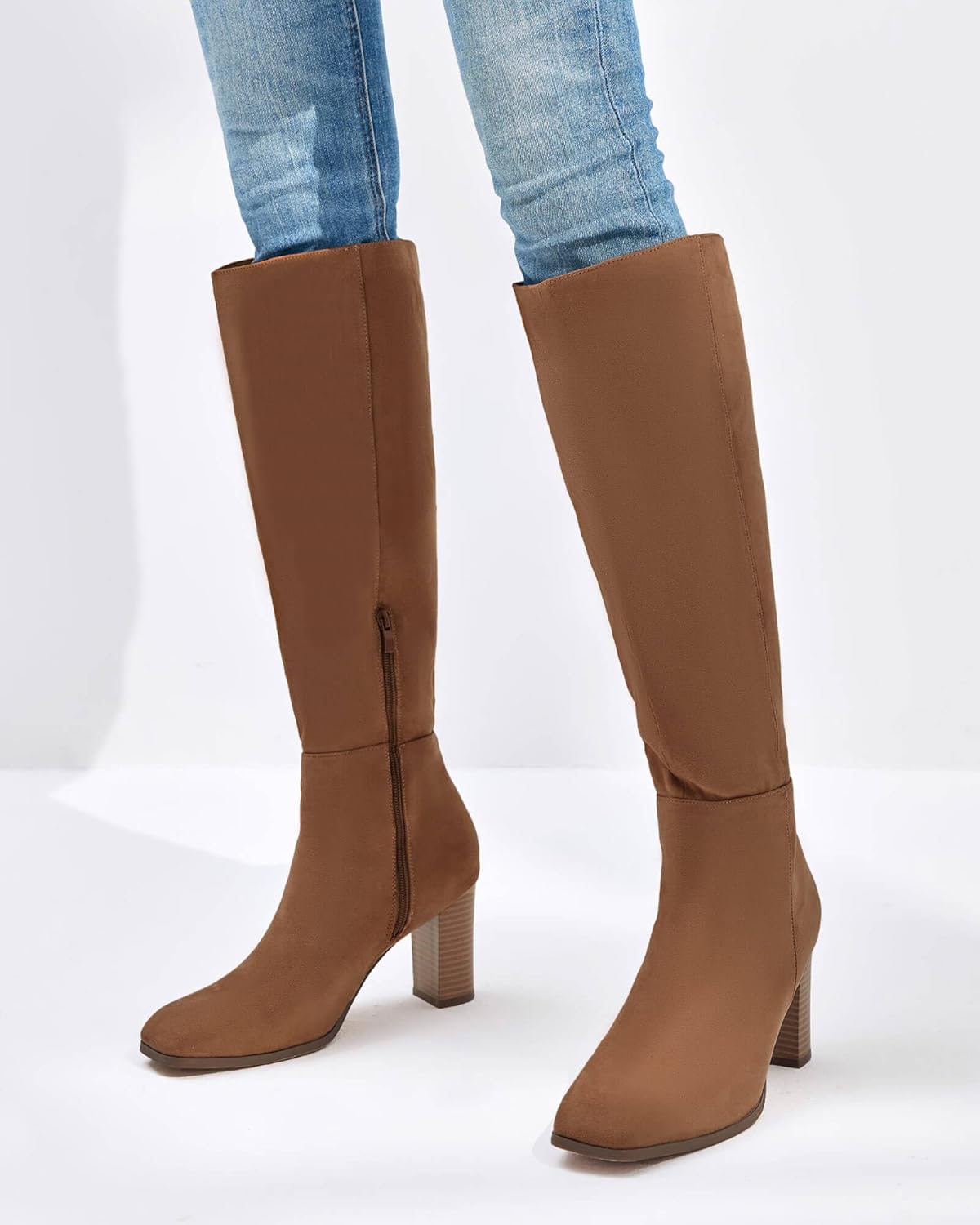 Coutgo Womens Knee High Boots Chunky Block Heels Square Toe Side Zipper Faux...  - Bild 34 von 59