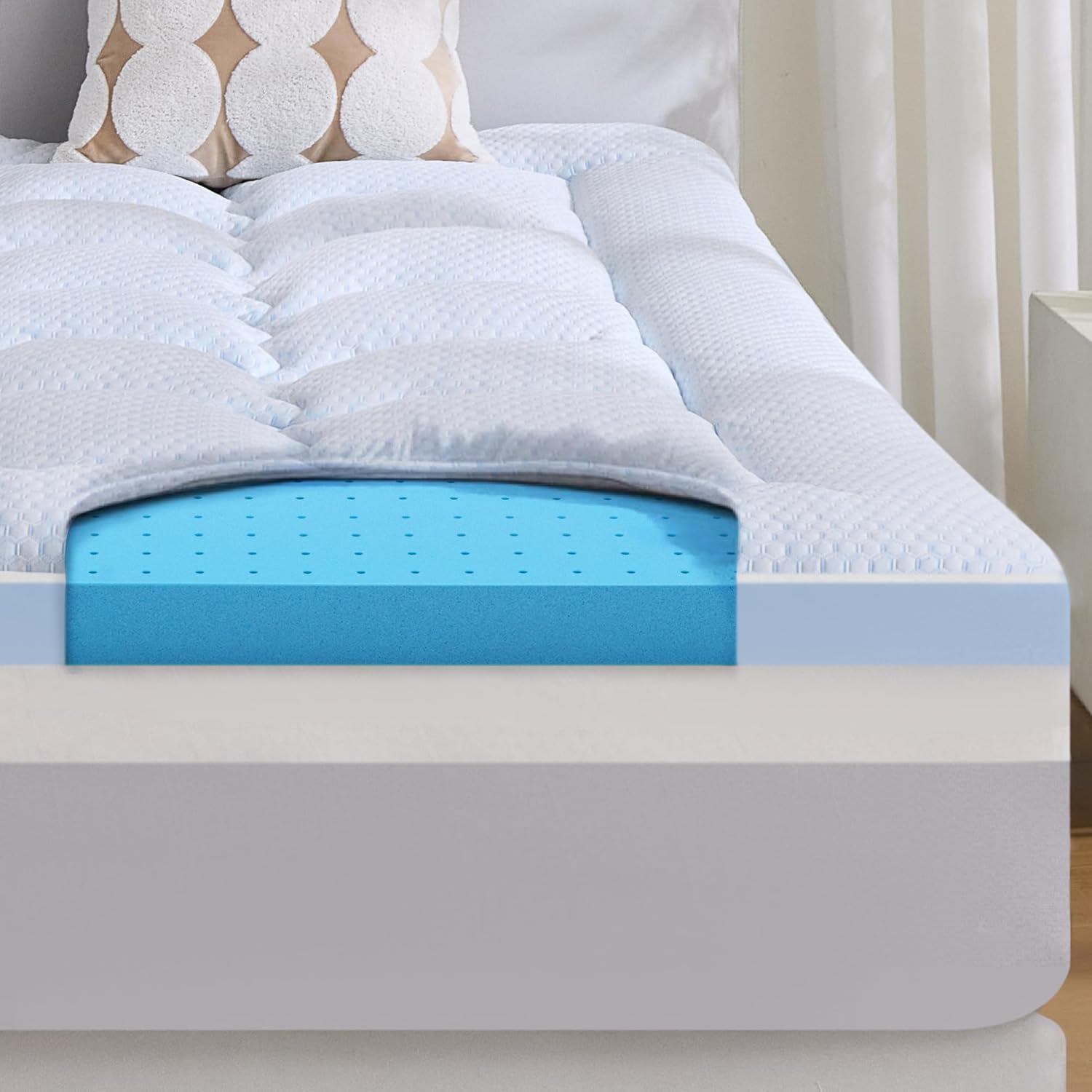 BDEUS 4 Inch Dual Layer Memory Foam Mattress Topper King Size, 2 Inch Gel Memory Foam, 2 Inch Cooling Pillow Top Mattress Pad Cover for Back Pain & Hot Sleeper