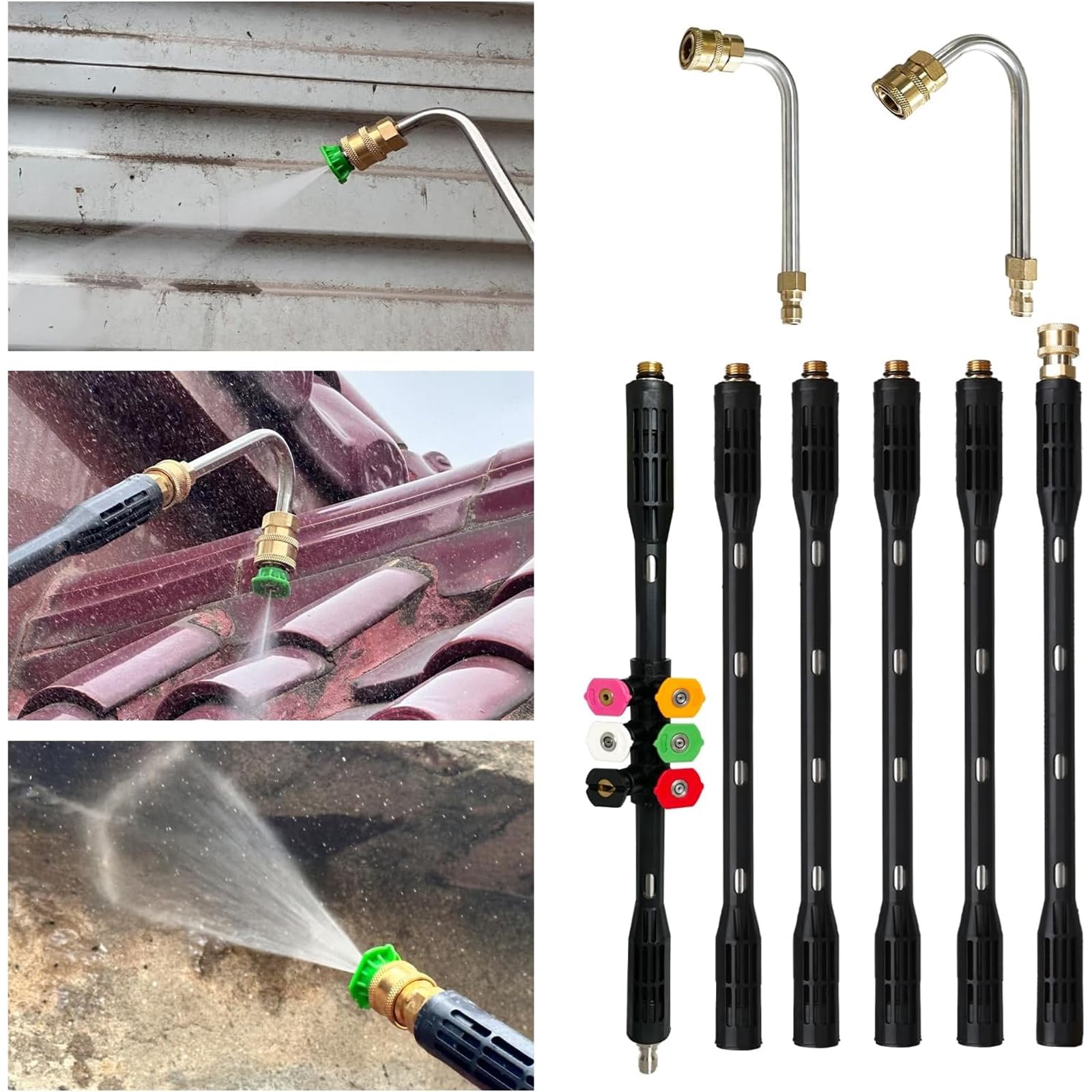 Pressure Washer Extension Wand 9pcs Set Includes Curved Rod & 6 Quick Connection Nozzle Tip Suitable for Gutter