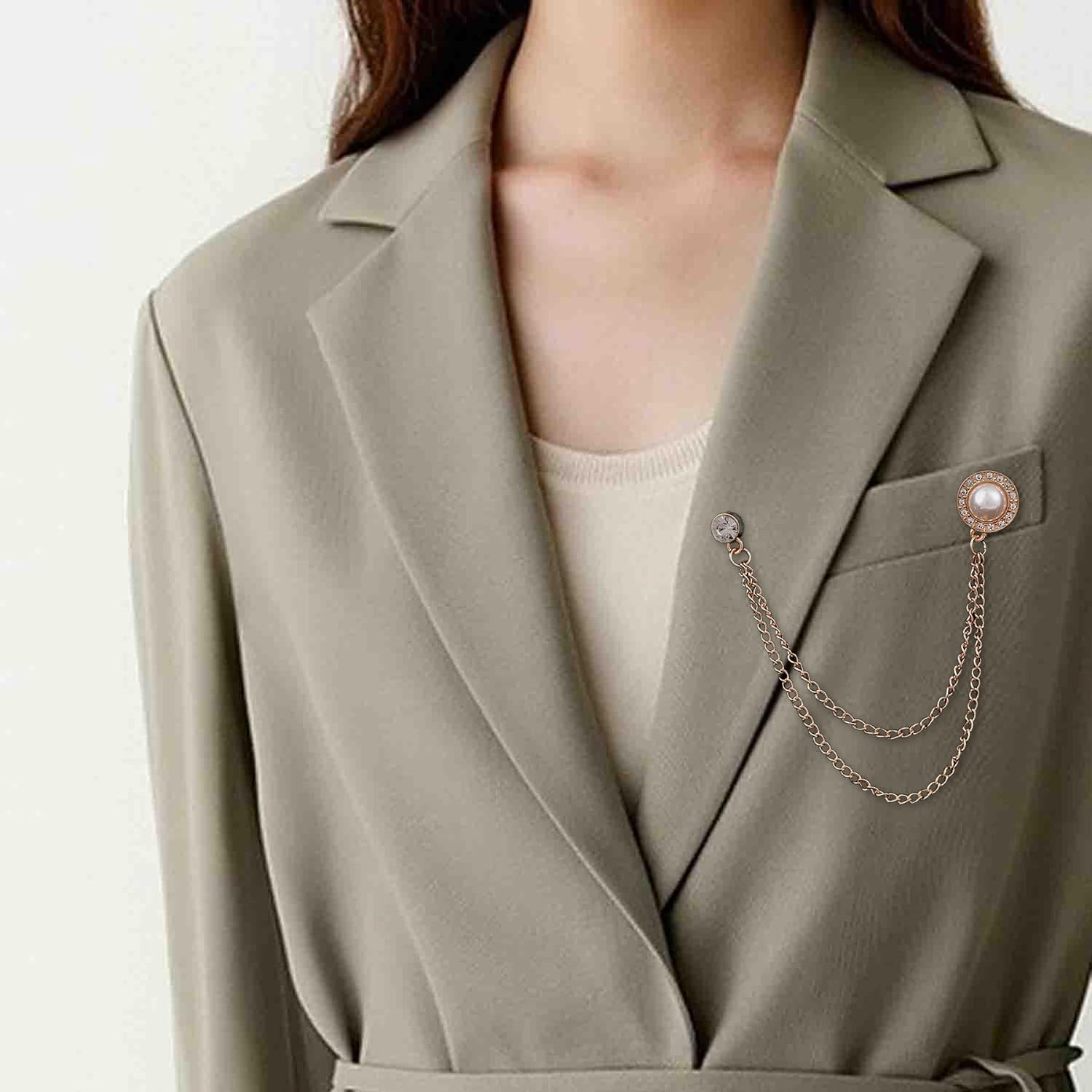 Retro Gold Plated Chain Crystal Round Brooches Collar Pins Rhinestone Pearl With Hanging Chain Suit Shirt Lapel Brooch Pin Fashion Jewelry for Men Boy
