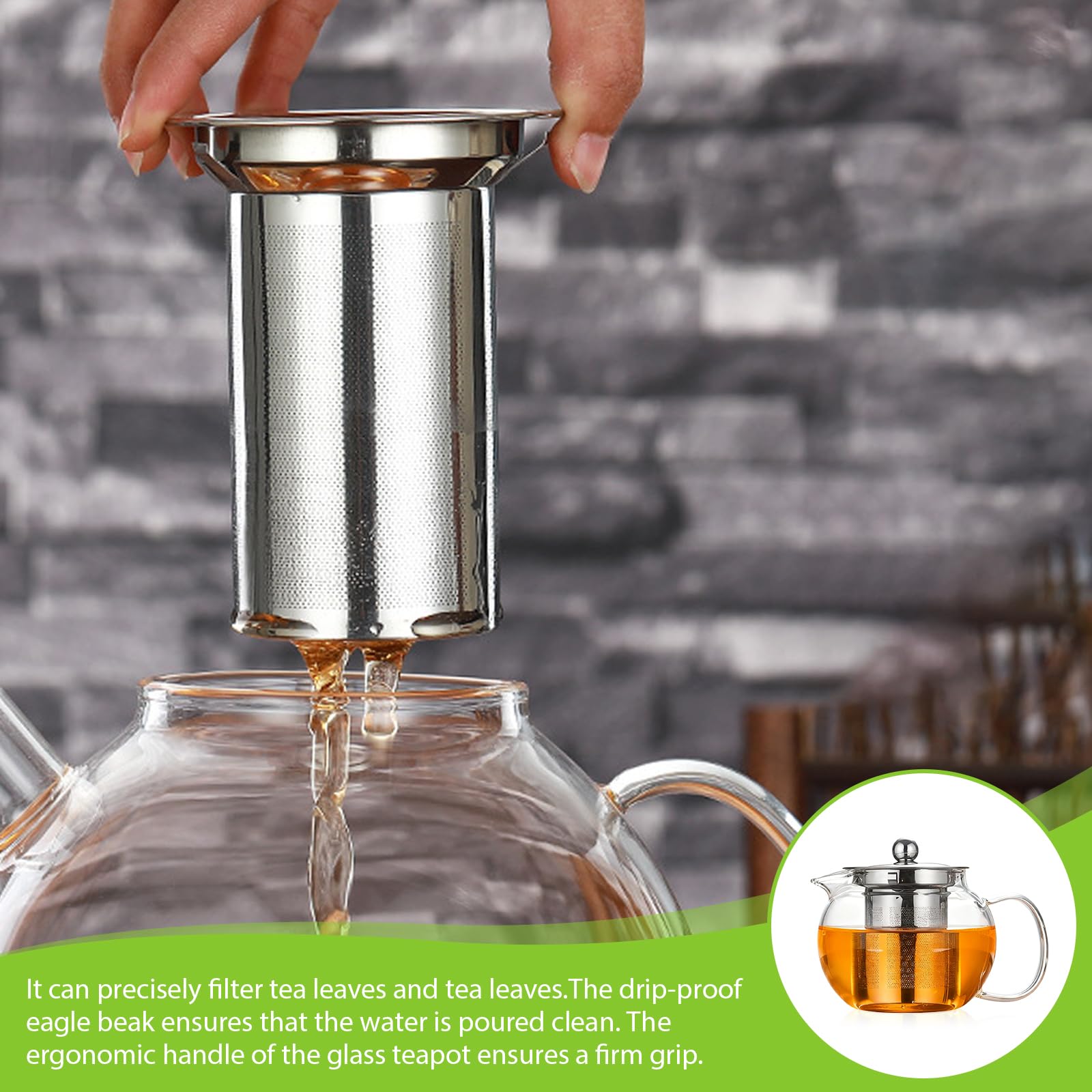 Tetera de cristal de 1300 ml, resistente al calor, cristal de borosilicato con filtro extraíble y tapa, placa de cocina, tetera, tetera, jarra de cristal para té, té de hierbas y bolsitas de té