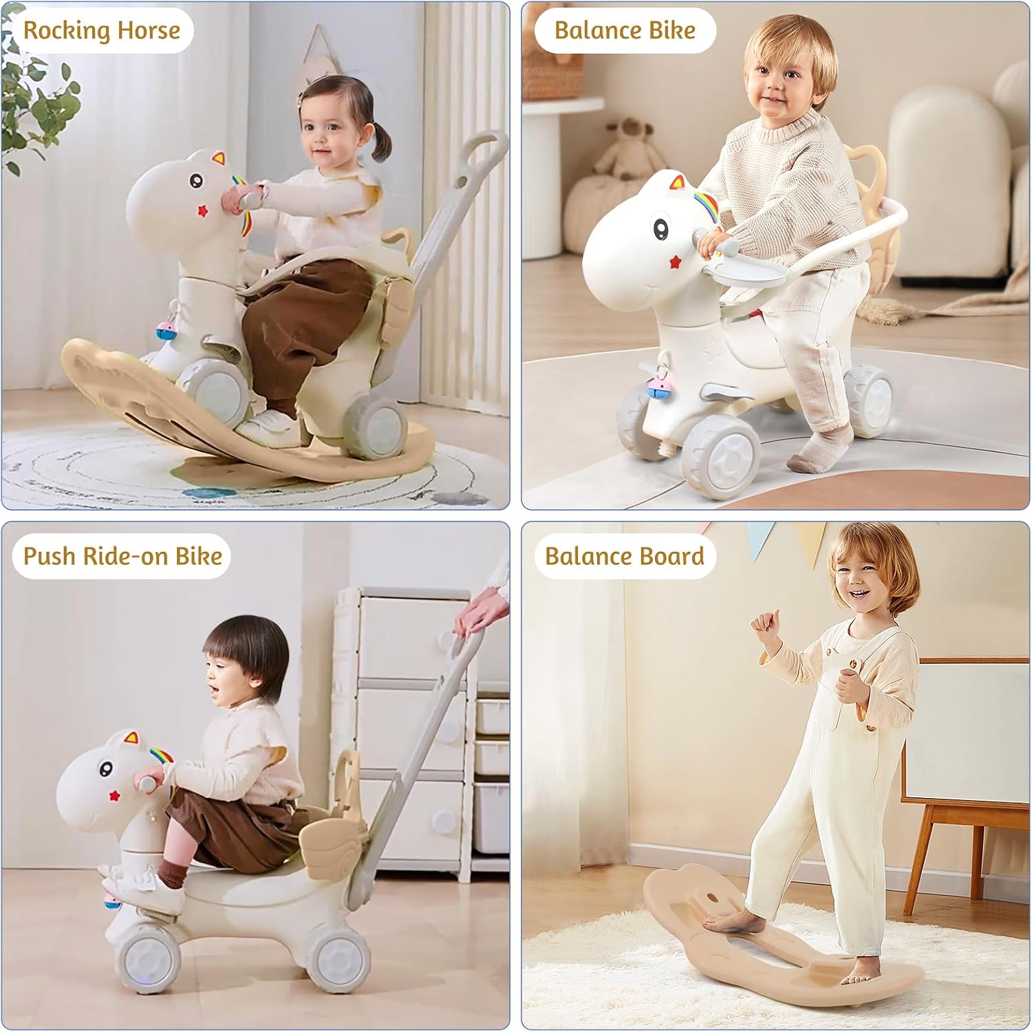 Ancaixin 4 in 1 Rocking Horse Ages 1-3, Baby Rocking Toy Birthday Gift for Toddlers 1-3 Years Old, Balance Bike Ride On Toys with Push Handle, Backrest and Balance Board for Baby Girl and Boy, Khaki