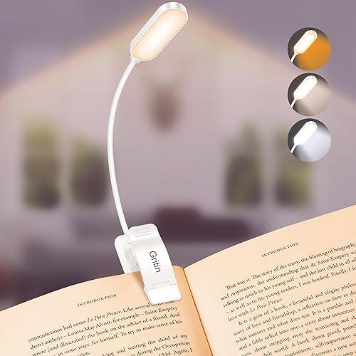 Gritin Luz de libro recargable de 16 LED para leer en la cama, cuidado de los ojos, 3 temperaturas de color, brillo de atenuación continua, 80 horas