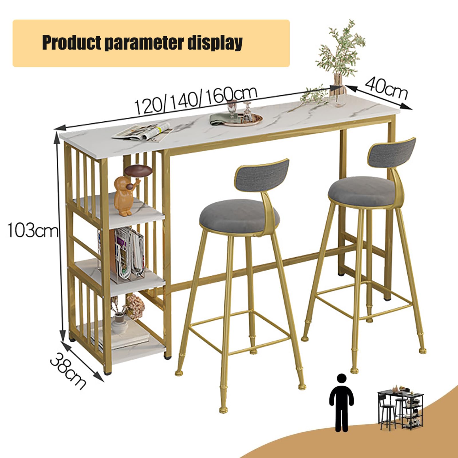 Table de bar pour 2 à 4 personnes, table haute de cuisine avec 3 étagères de rangement, dessus facile à nettoyer, pieds robustes pour petits espaces et appartements