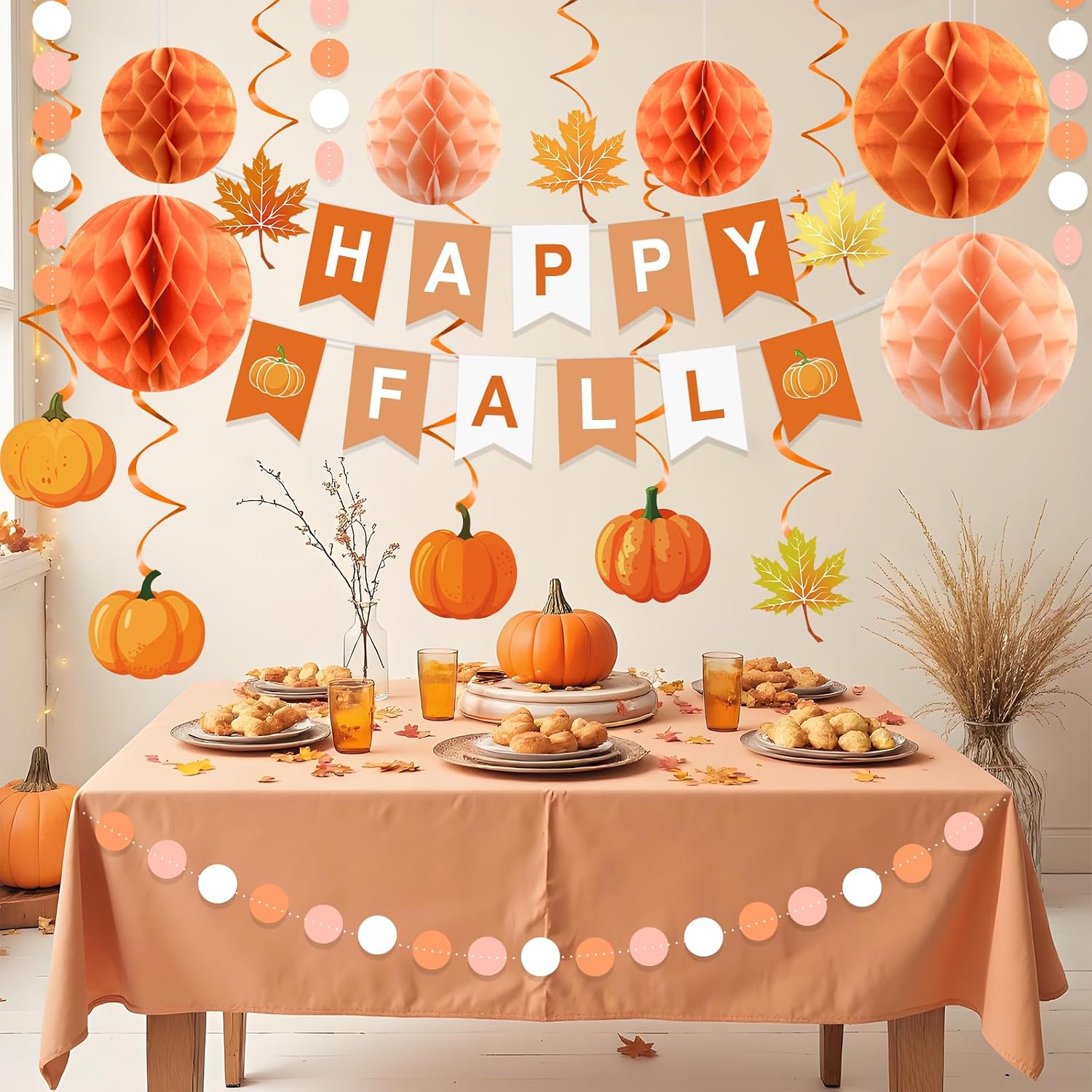 YTHETM Fall Party Decorations Happy Fall Banner with Honeycomb Balls Pumpkin Maple Leaf Hanging Swirls Circle Dots Garland Fall Party Decor for Harvest Autumn Festival Thanksgiving Decorations