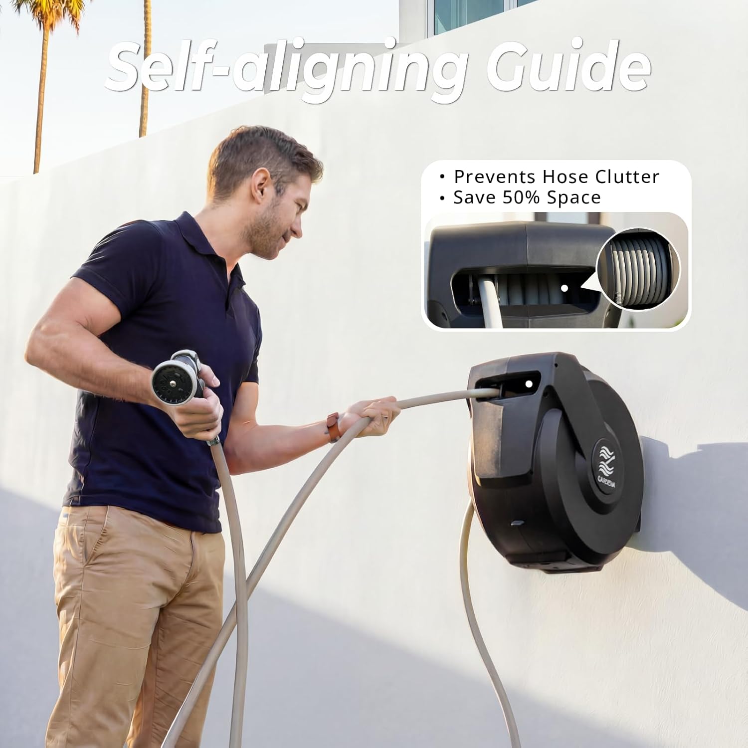 Retractable Garden Hose Reel 5/8"x100ft, 3-Ply Reinforced, High-Flow, Any Length Lock, 180° Swivel Bracket, Heavy-Duty Aluminum Mount, Slow Retract, Auto-Layer, 10 Spray Nozzle