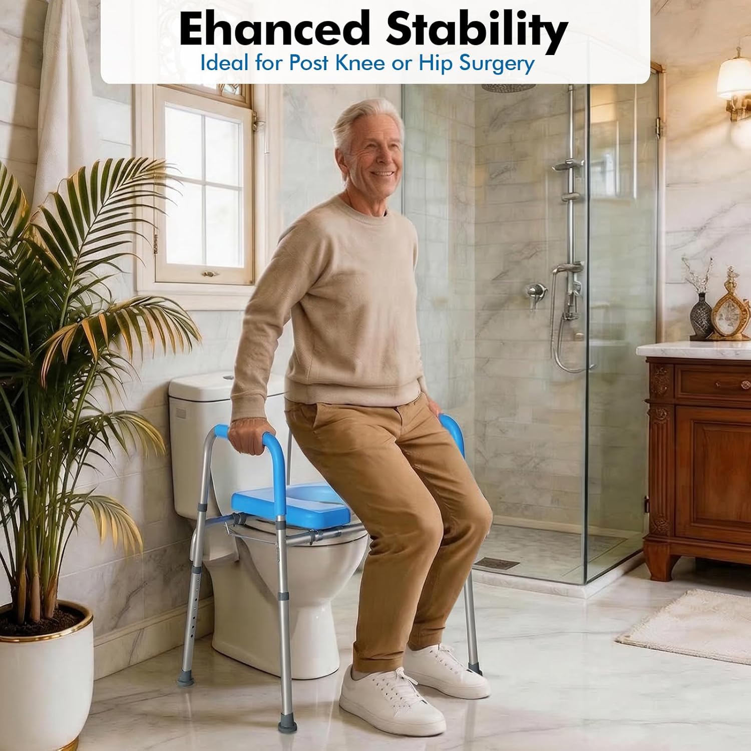 WHLICKS 500lbs Toilet Seat Risers with Handles, Padded Raised Toilet Seat for Seniors, Adjustable Height Toilet Riser, Handicap Elevated Seat, Fit Any Toilet, Blue