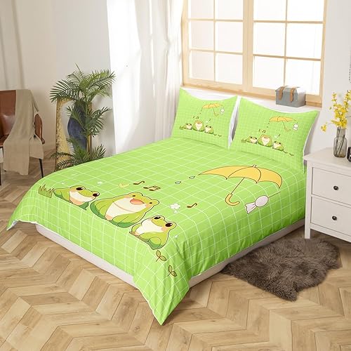 Miniatura 3 de Lindo juego de ropa de cama de rana tamaño individual, diseño de plantas de animales verdes de dibujos animados para niños, juego de funda de