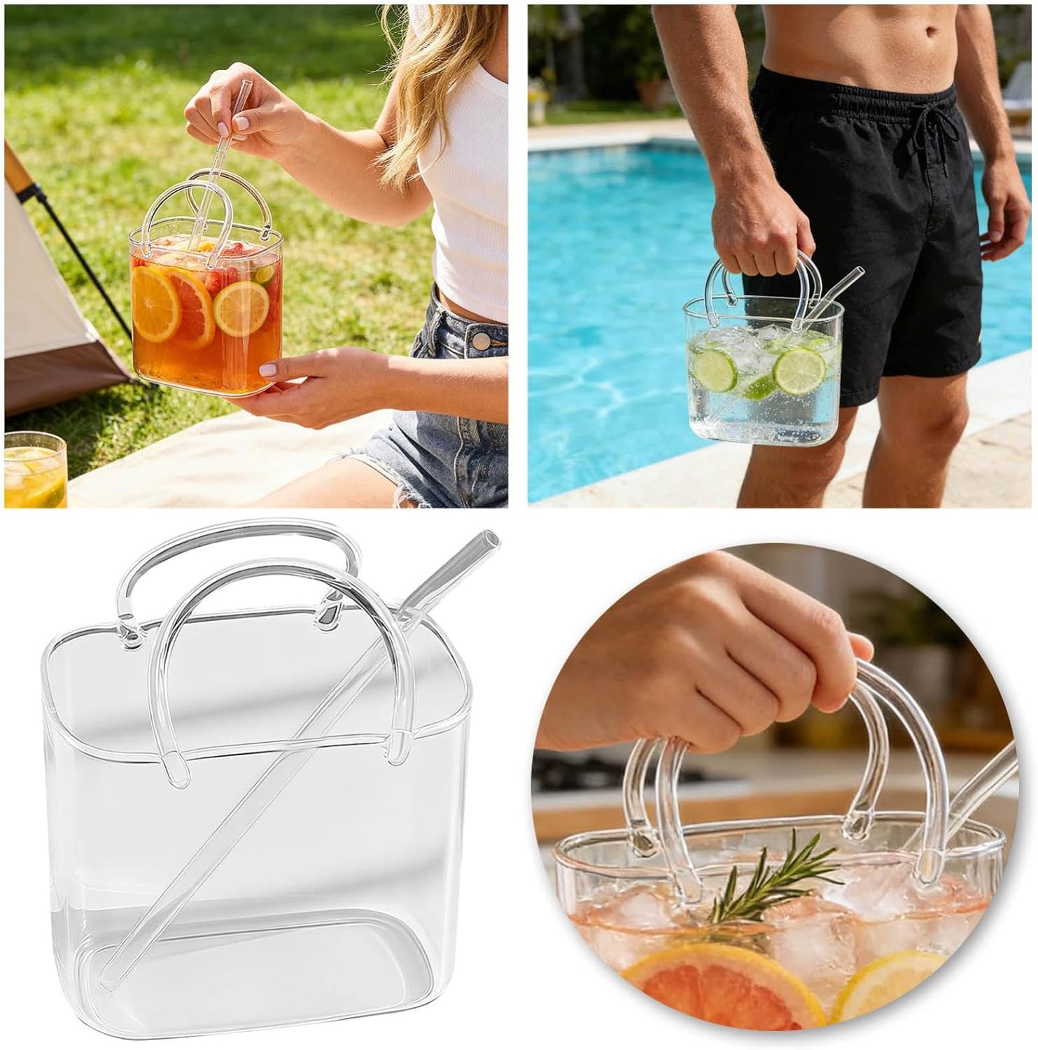 Glass Purse for Drinks, 26oz Unique Drinking Glass with Straw, Handbag Shaped Cup for Juice Tea & Cocktails, Decorative Glass Purse Vase for Flowers, Cute Room Decor & Party Gift for Women (2)