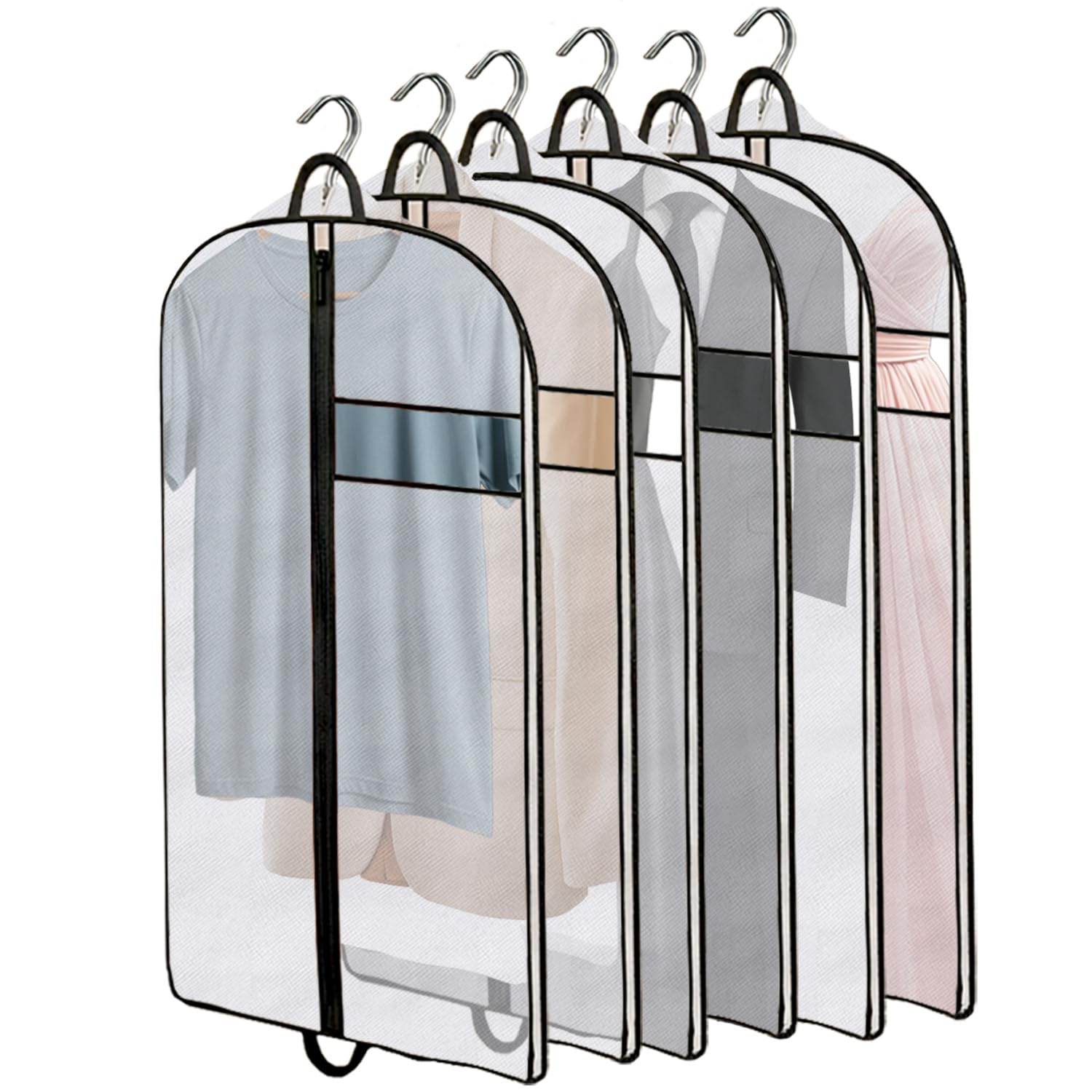 Clothes Cover Bags for Storage, Hanging Garment Covers with Zipper, Dust & Moth Proof, Breathable Suit & Dress Protector for Wardrobe and Travel, Pack of 6 (60cm x140cm)