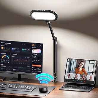 LED Desk Lamp for Home Office, Eye-Care Double-Sided Desk Light with Stepless Dimmable Knob Remote, Memory, Adjustable Arm Clip on Light for Video Recording, Zoom Call, Study, Flicker-Free, Glare-Free