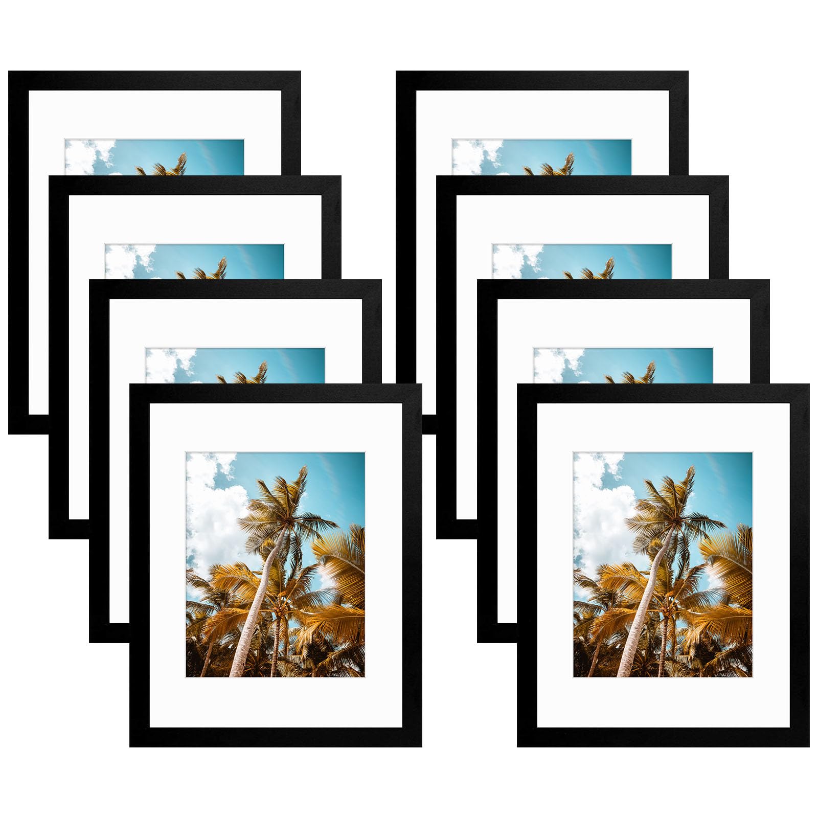 Frametory 8 Pack 11x14 Black Picture Frame with Real Glass Mat for 8x10