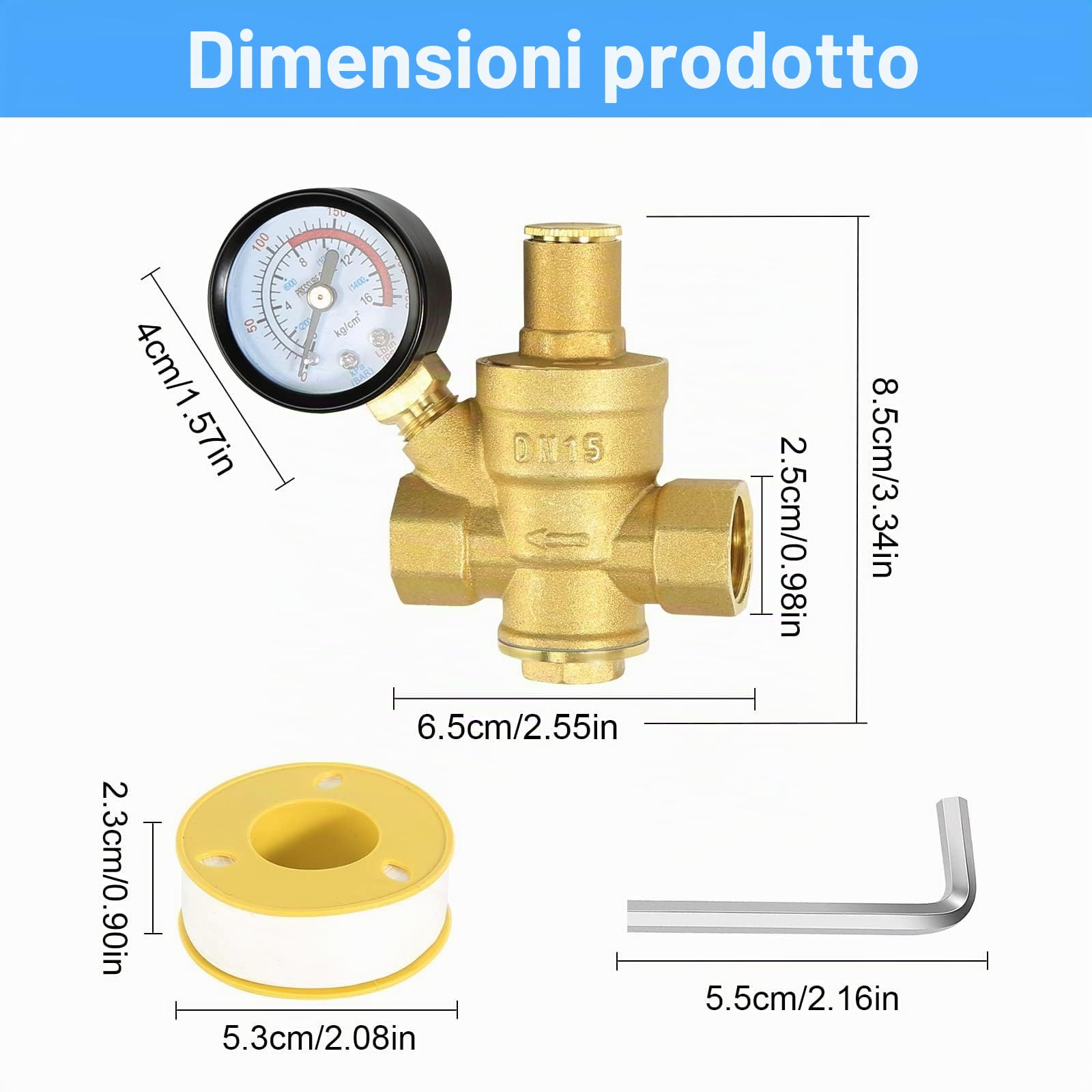 Regolatore di Pressione Acqua 1/2 pollice DN15 con Manometro Pressione Acqua 100% in Ottone ad Alta Durezza, Riduttore Pressione Acqua Valvola di Riduzione Della Riduttore di Pressione Acqua 1/2