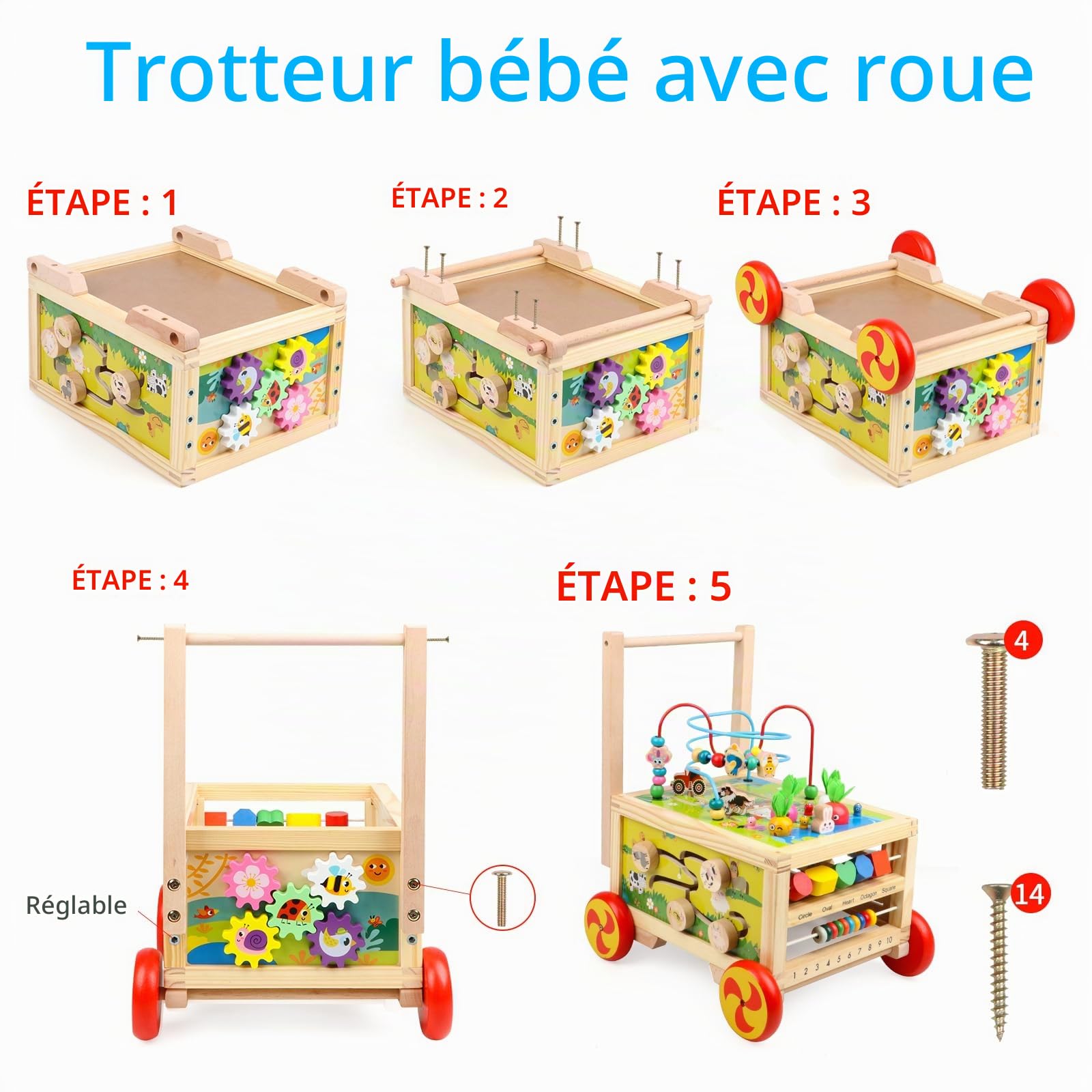 Cube Magique d'activité en Bois avec Roues pour garçon et Fille
