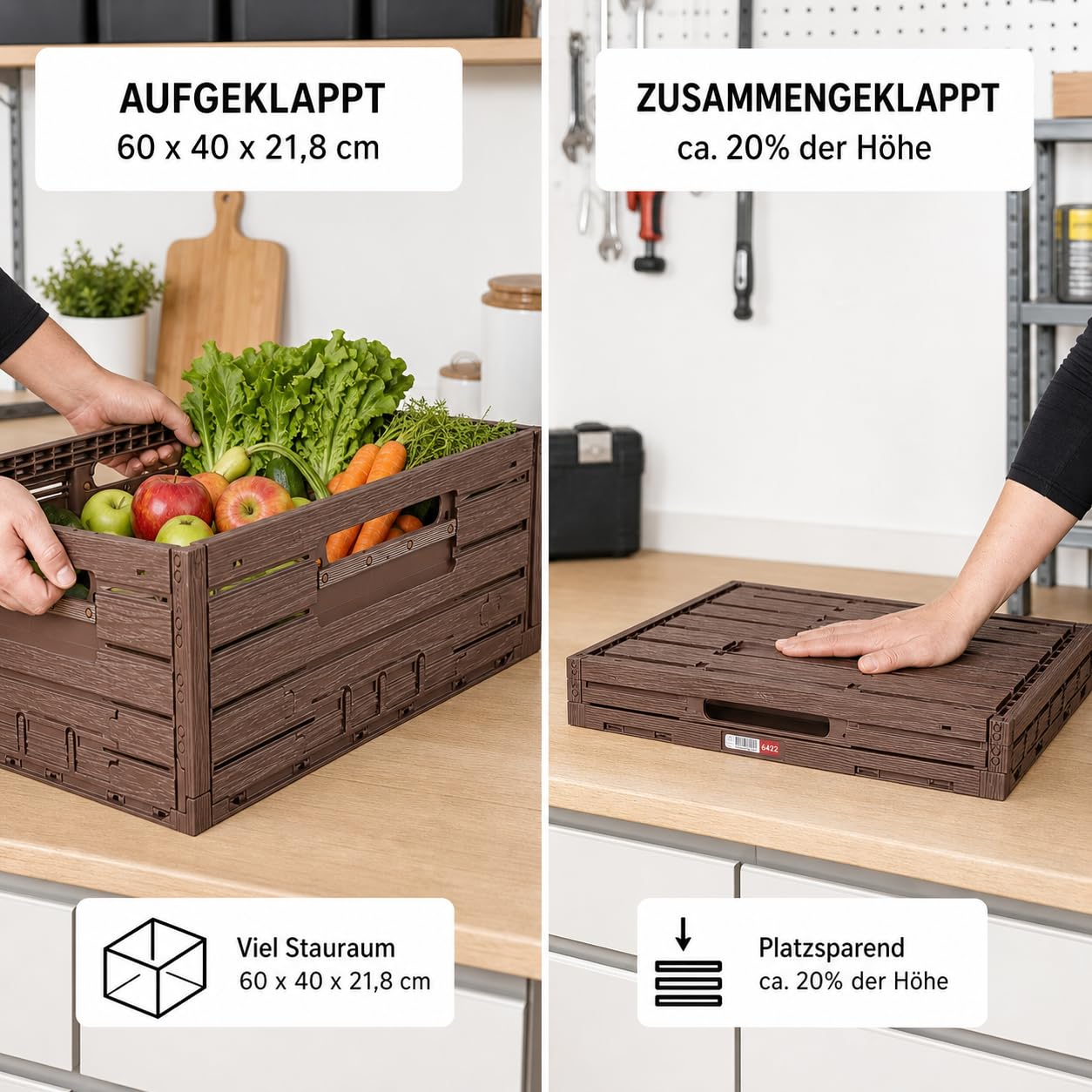Bestlivings Caja plegable 60x40x21,8cm 45L - Pack 3 unidades plástico | Caja plegable apilable, cesta de la compra, caja de plástico, caja de verduras, caja de frutas, maletero