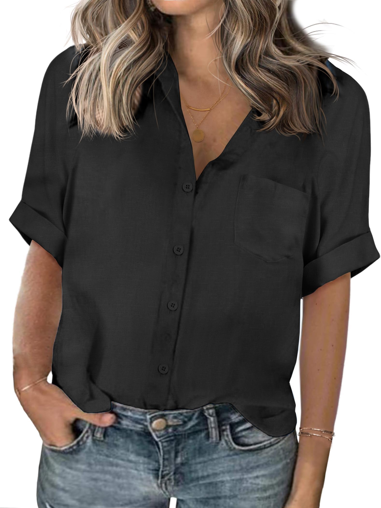 IN'VOLANDWomens Plus Size Shirts Short Sleeve Button Down Shirts V Neck Casual Blouses Tops