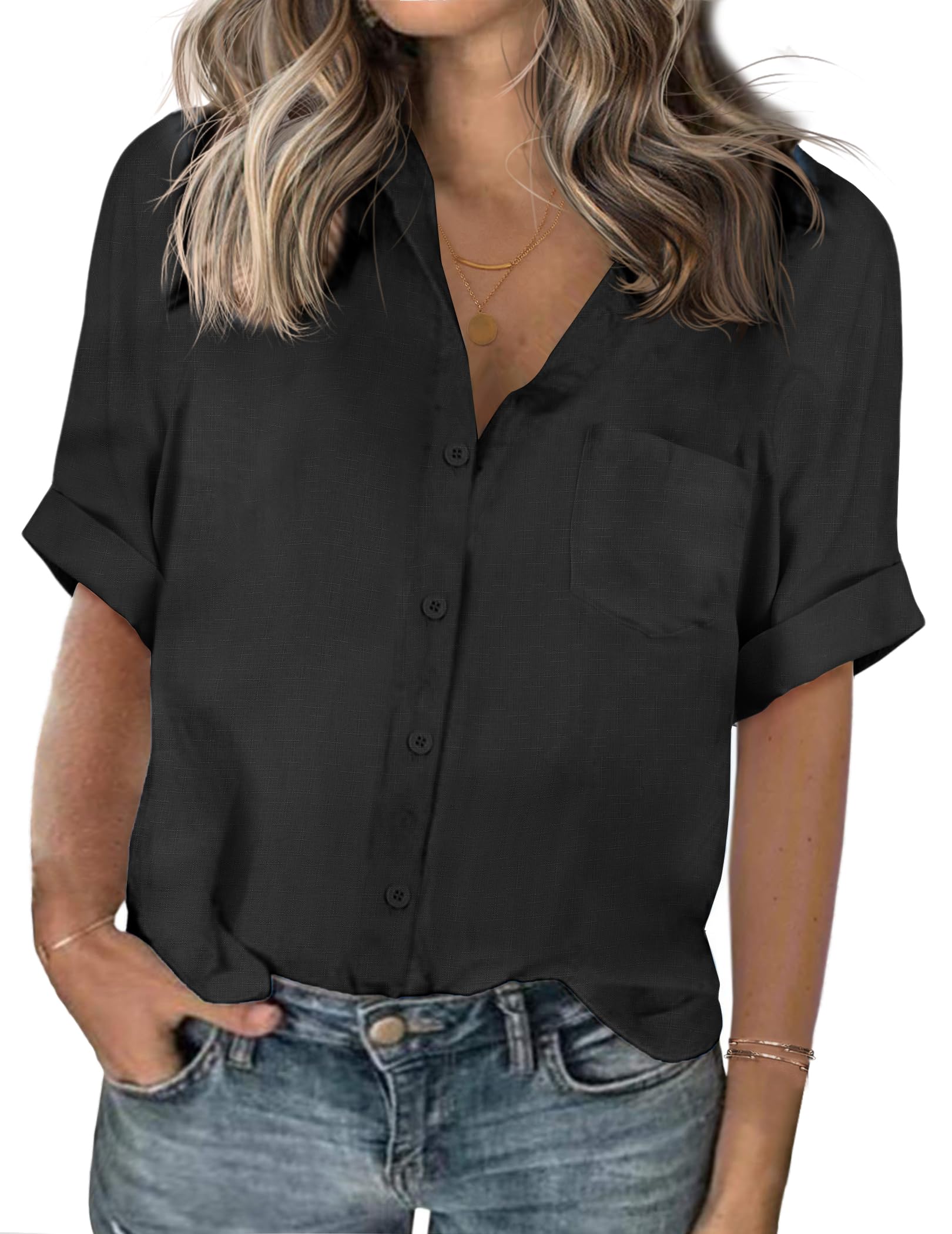IN'VOLANDWomens Plus Size Shirts Short Sleeve Button Down Shirts V Neck Casual Blouses Tops