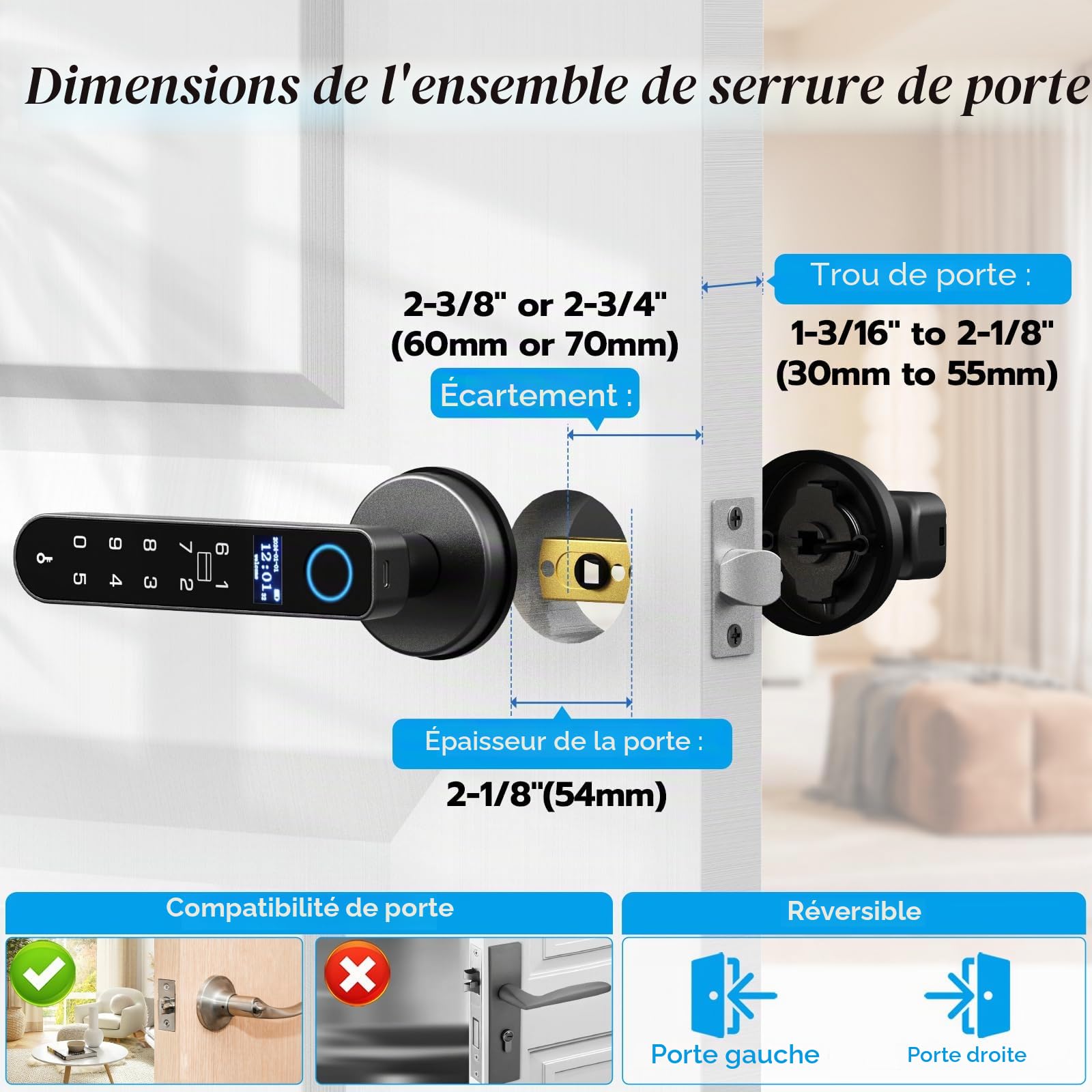 eLinkSmart Serrure de porte à empreinte digitale RFID Carte NFC Smart Door Levers numérique sans clé Serrure de porte d'entrée avec clavier Mode confidentialité pour chambre à coucher eSmartLock App
