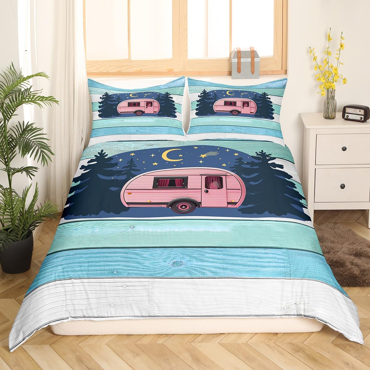 Camping Theme Bedding for Boys Teens Girls Kids, Camper Comforter Cover Camping Car Rv Travel Trailers Duvet Cover Vintage Galaxy Moon Stars Quilt Cover Queen Size Bedding Collection, Zipper Closure