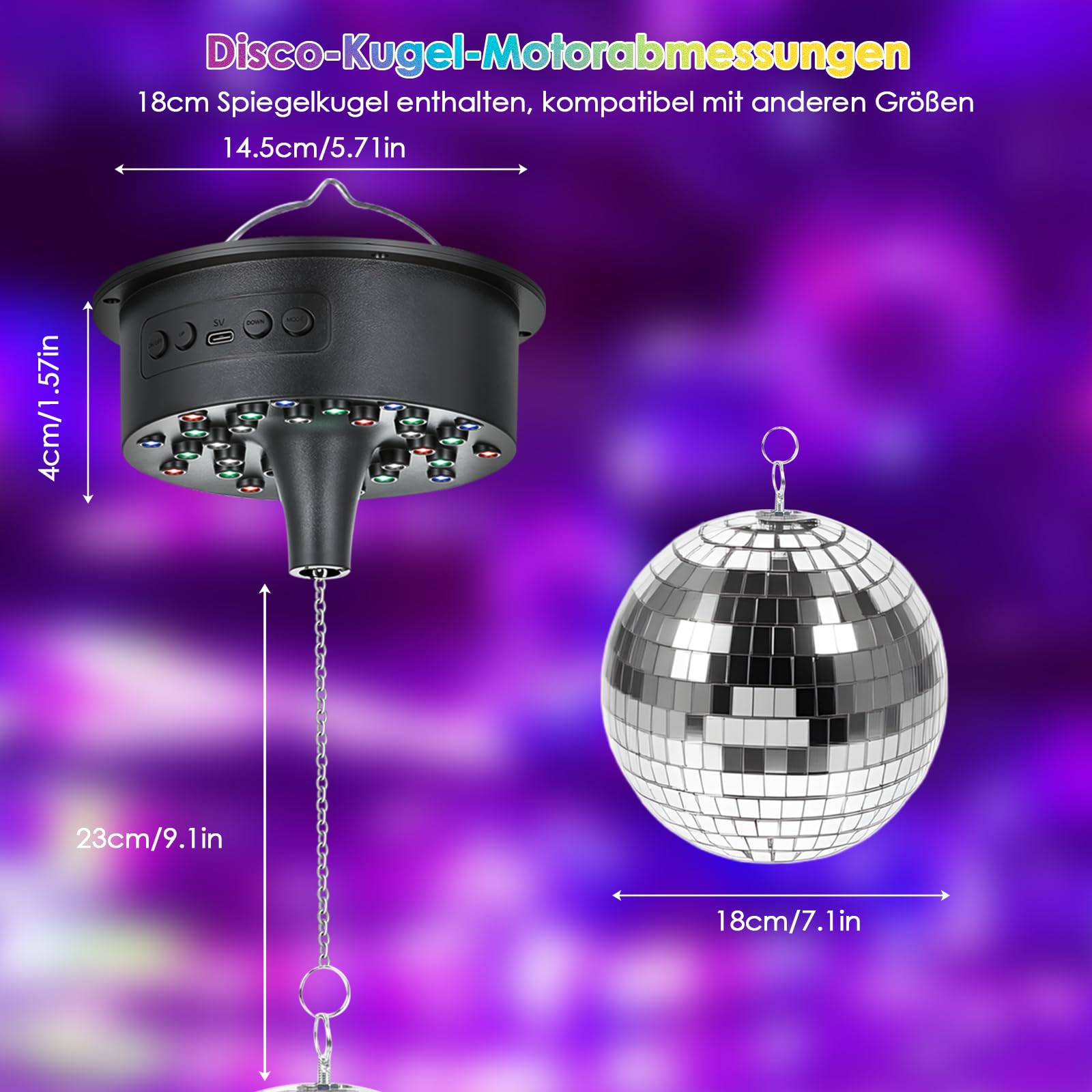 Tomshine Discokugel mit Motor und Licht 18cm - Rotierende Spiegelkugel Set mit 30 RGB LEDs, 6 Geschwindigkeiten, Fernbedienung & Musiksteuerung, Batterie/USB Disco Licht für Party Kinderzimmer