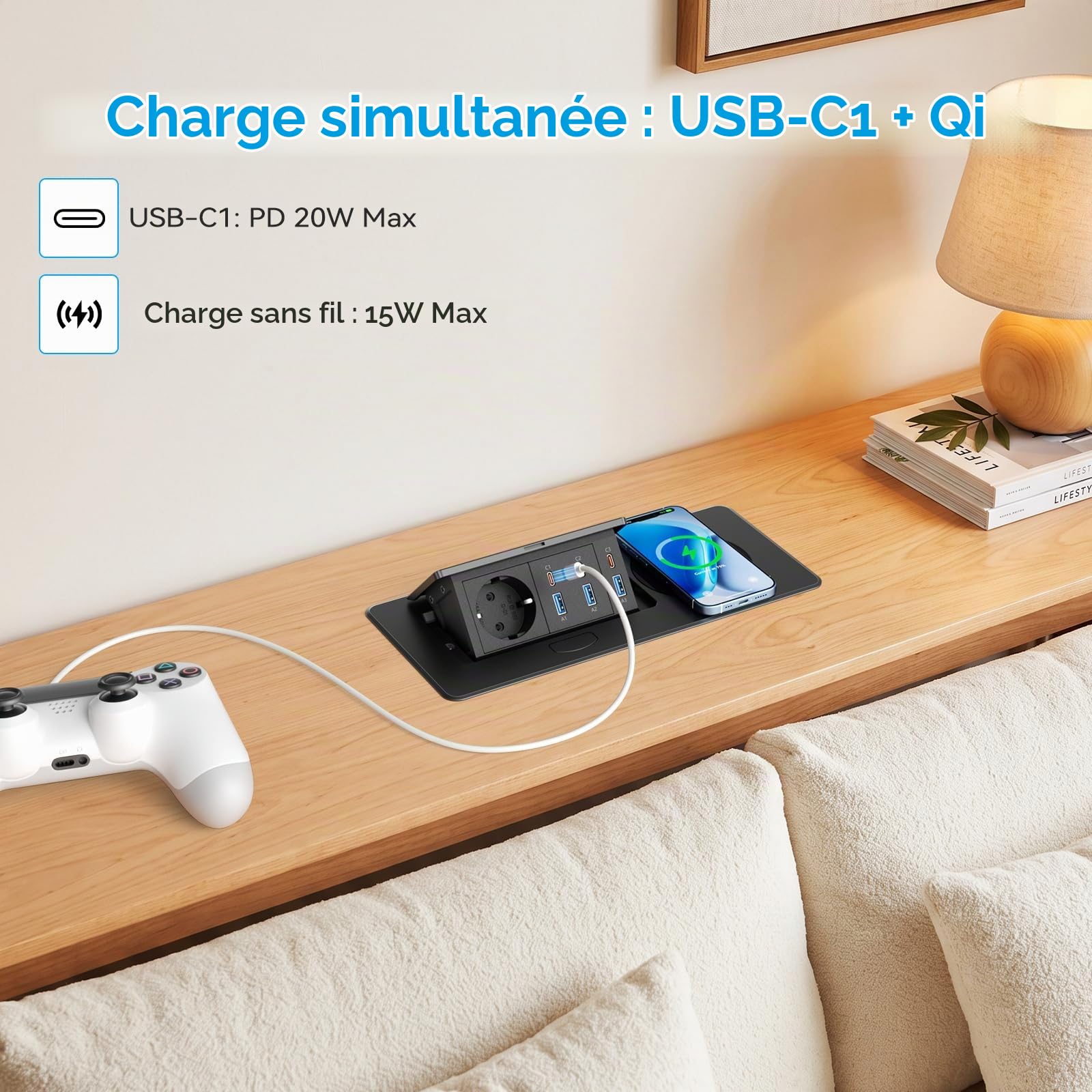 Alpheus Prise Encastrable Plan de Travail, Charge sans Fil 15W, USB-C1 30W