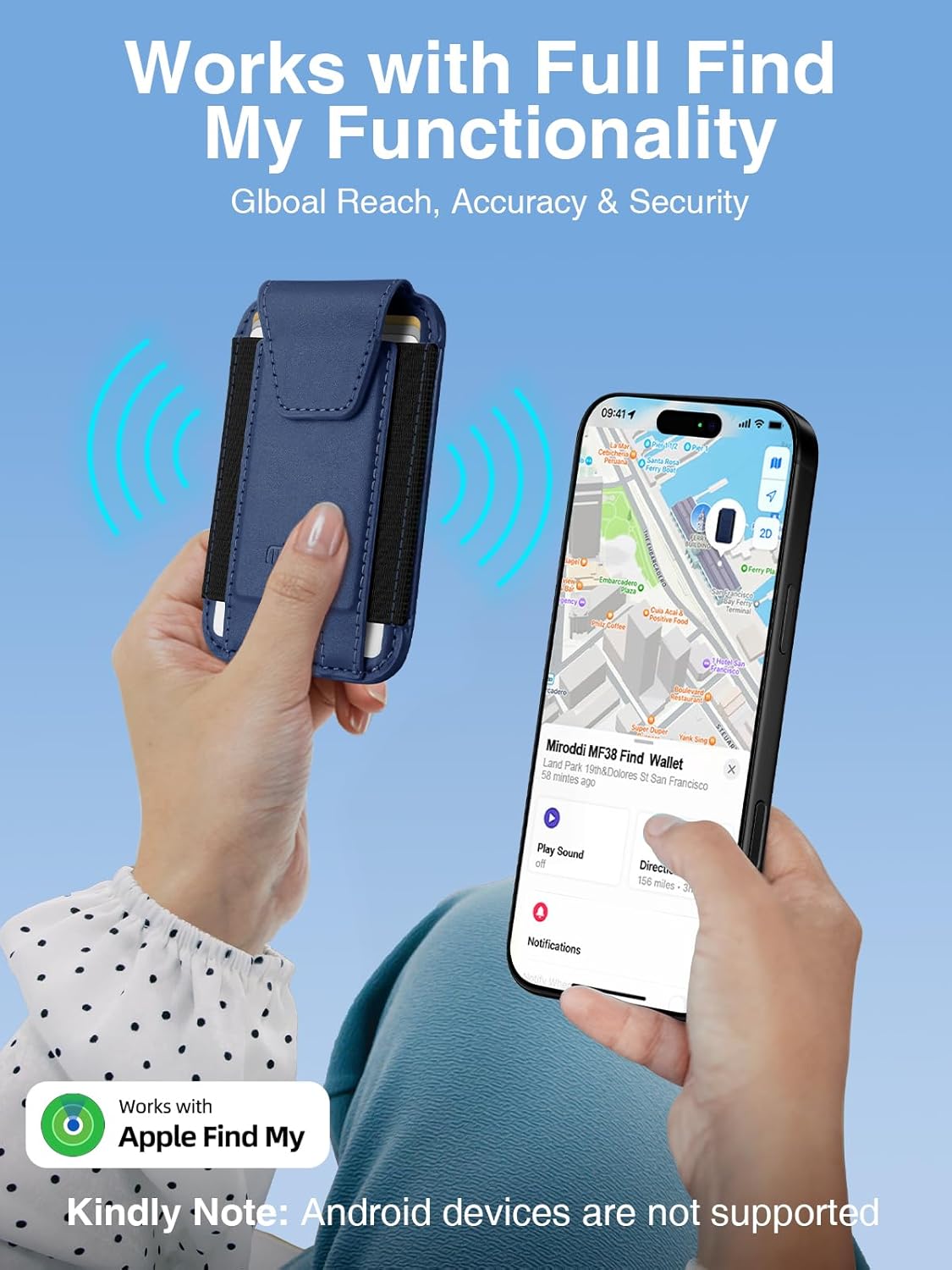 Miroddi MagSafe Wallet attached to an iPhone, showing Find My functionality with a map and options to play sound or get directions.