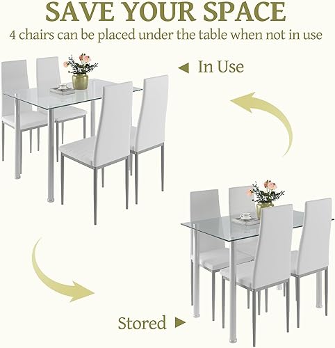 Miniatura 6 de HUGROVE Juego de 4 sillas de mesa de comedor modernas con mesa de vidrio templado y patas de acero inoxidable, 4 sillas tapizadas de piel sintética