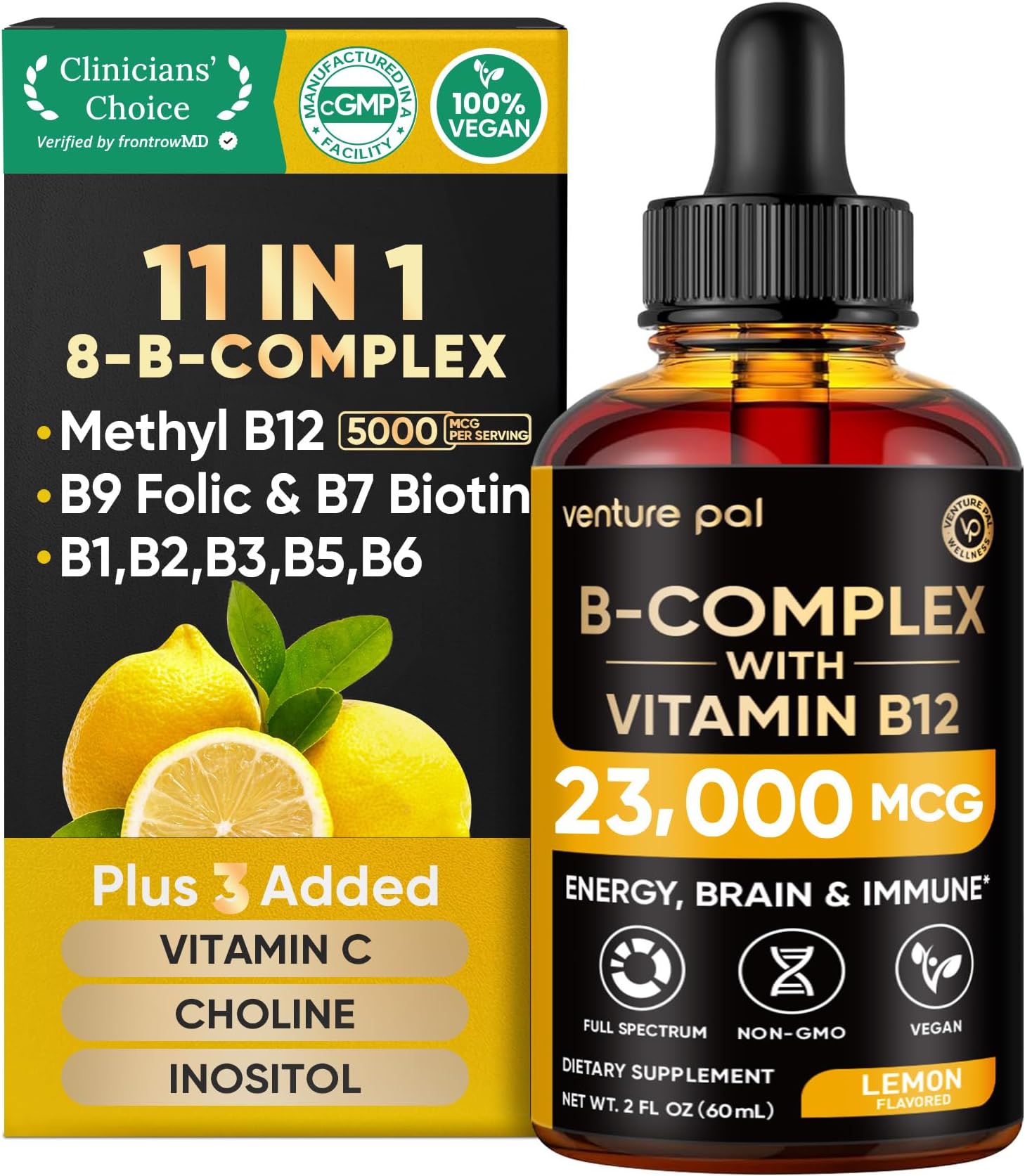 Venture Pal Vitamin B Complex Liquid Drops, B12 Methylcobalamin | B9 Folic | B1,B2,B3,B5,B6,B15 - Vitamin C, Choline, Inositol, Immune & Energy Metabolism, Brain & Heart Support
