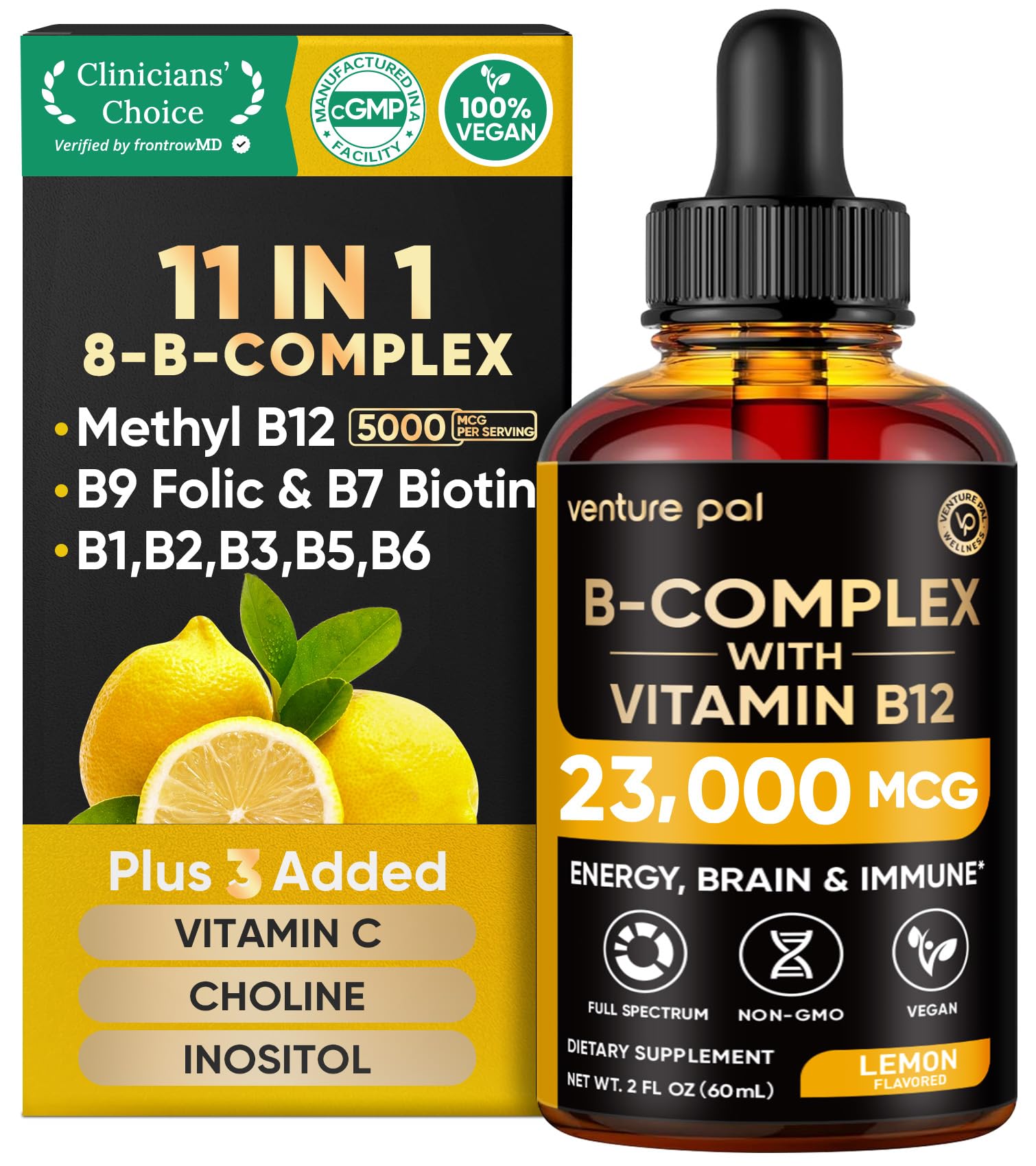Venture Pal Vitamin B Complex Liquid Drops, B12 Methylcobalamin | B9 Folic | B1,B2,B3,B5,B6,B7 - Vitamin C, Choline, Inositol, Immune & Energy Metabolism, Brain & Heart Support