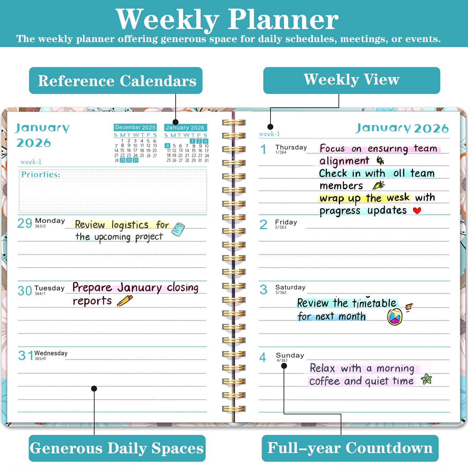 Agenda 2026 Semainier Mensuel Relié 15,8x21,7 cm Design Floral Organisateur avec Onglets Notes Autocollants Planificateur Productivité Bureau Études Maison