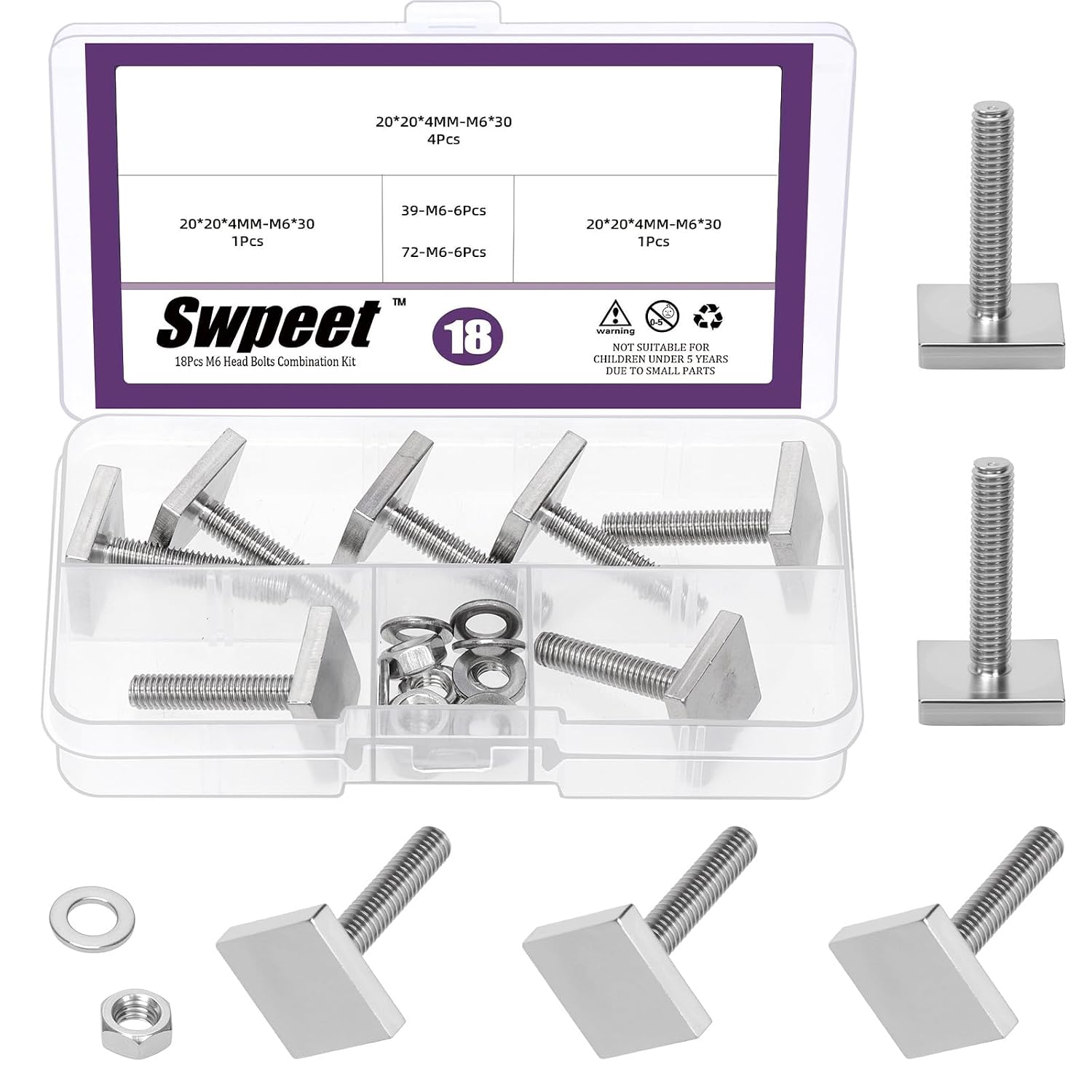 Swpeet 6 Sets 304 Stainless Steel M6×30mm T Slot Bolts Roof Rack T-Nut Kit, 4mm Thick Square T Track Bolt Adapter Slot Nuts, Secure Roof Rack Cross Bar Platform, for Bike Ski Kayak Solar Panel Car