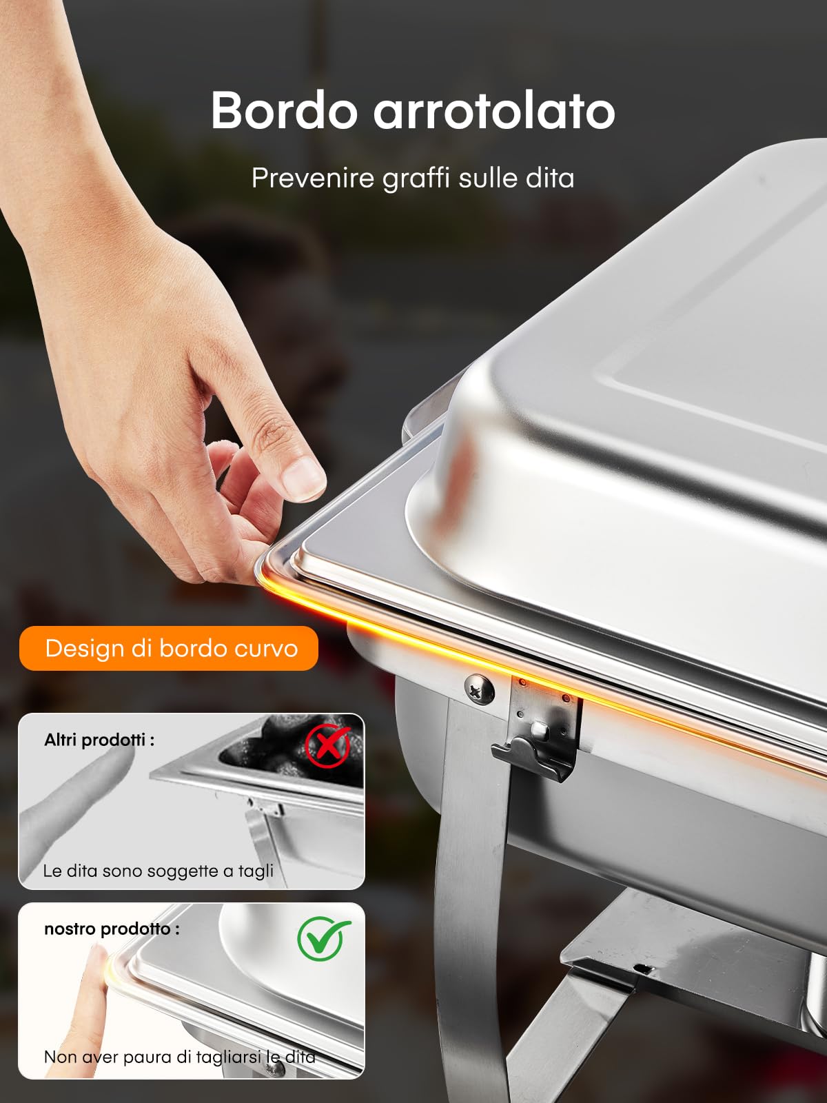 Scaldavivande per Buffet in Acciaio Inox, 4 Pezzi Chafing Dish Buffet, 9L Scaldavivande Rettangolare con Coperchio, per Catering, Feste, Buffet, Matrimoni (2×GN1/1+2×GN1/2+4×GN1/4)