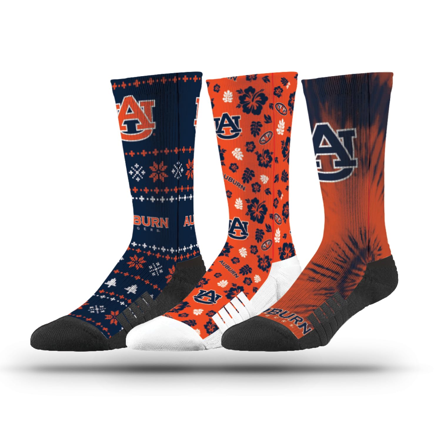 StridelineNCAA Mens Socks- Fun Pack 3 Pack (Tie Dye Tropical & Ugly Christmas)