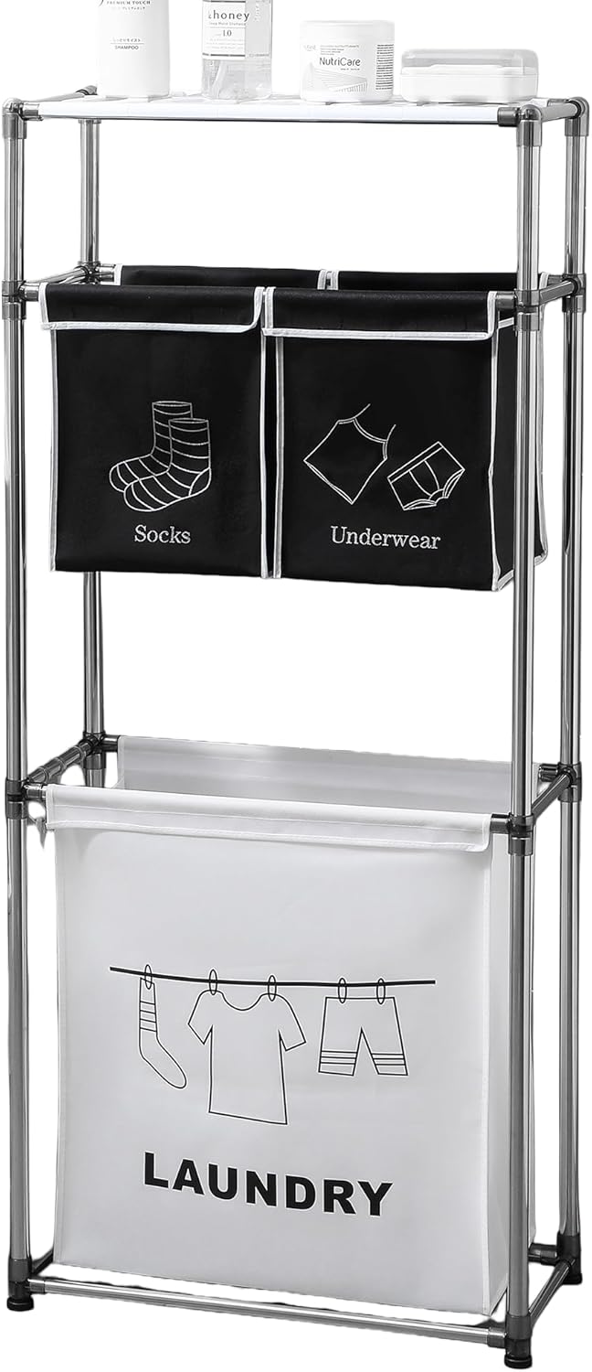 3-Tier Laundry Hamper Sorter with 4 Removable Bags - Clothes Organizer with 3 Hooks for Lights Darks Socks Underwear, Foldable Laundry Storage Basket for Bedroom Bathroom Laundry Room