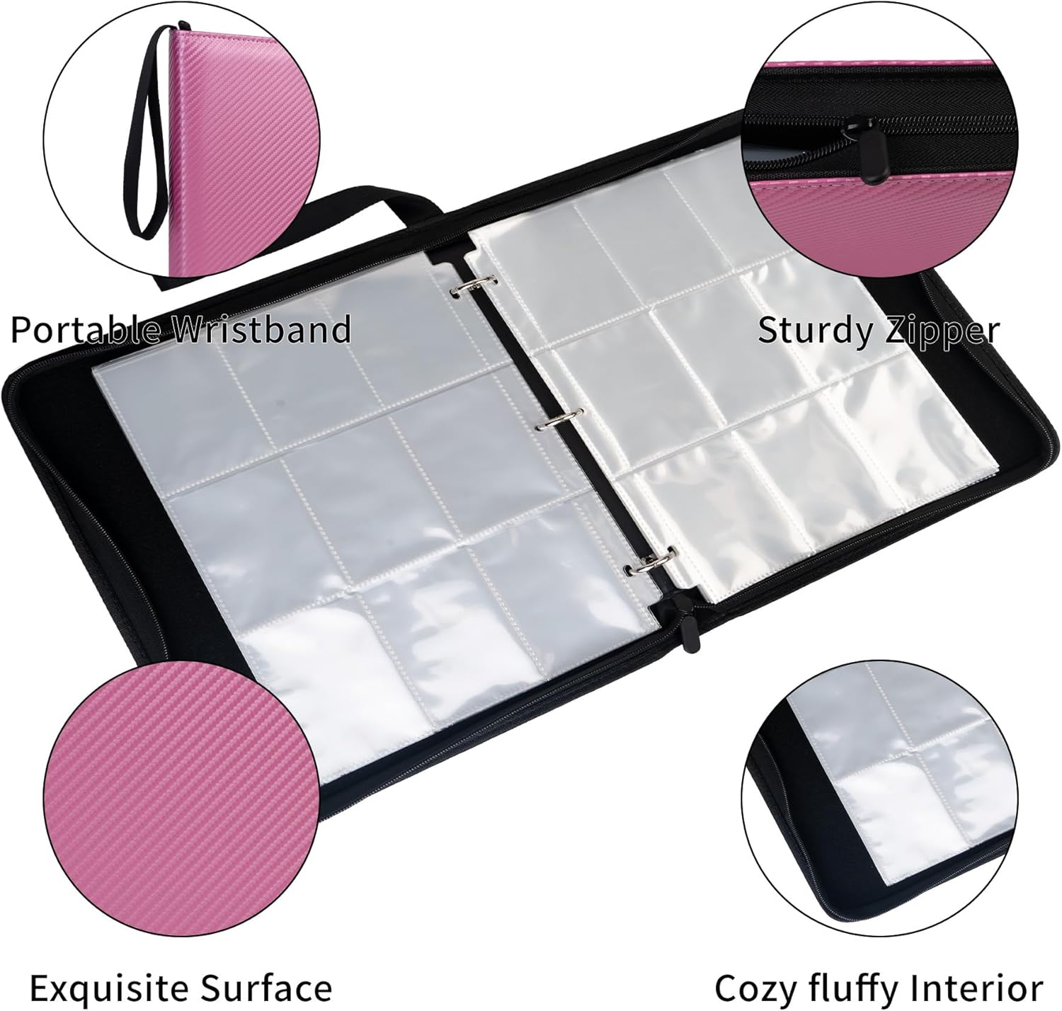 Trading Card Binder 9 Pocket – 900 Cards Zipper PU Card Album with Sleeves, Hard Cover Card Holder Organizer for Pokémon, MTG, Sports Cards (Pink, 9 Pocket 900)