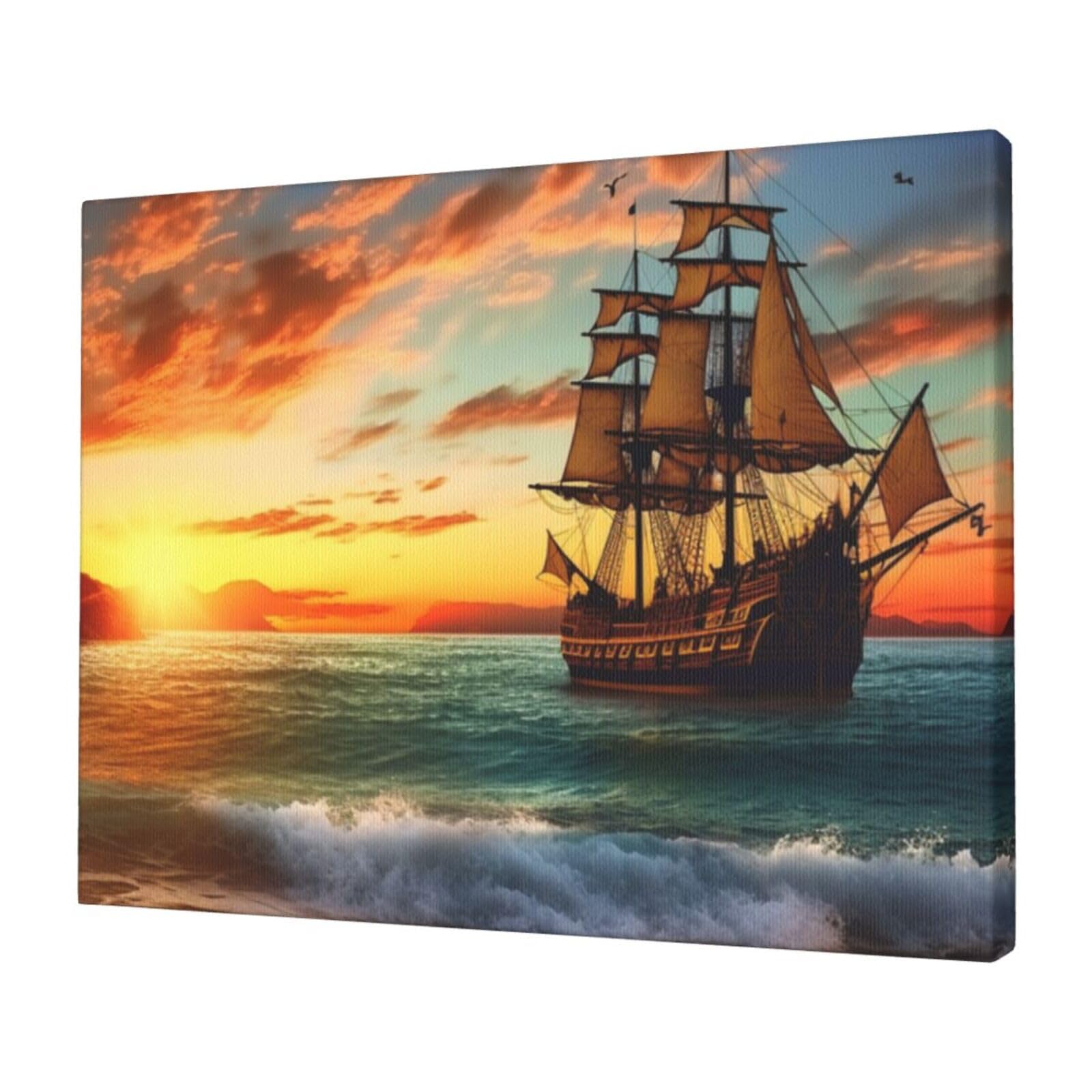 Canvas Wall Art for Living Room Wall Decor 12"x16" Modern Artwork Painting Pictures Hanging Canvas Prints pirate ship in the sunset Aesthetic Wall Art for Bedroom Bathroom Office Wallart Decor