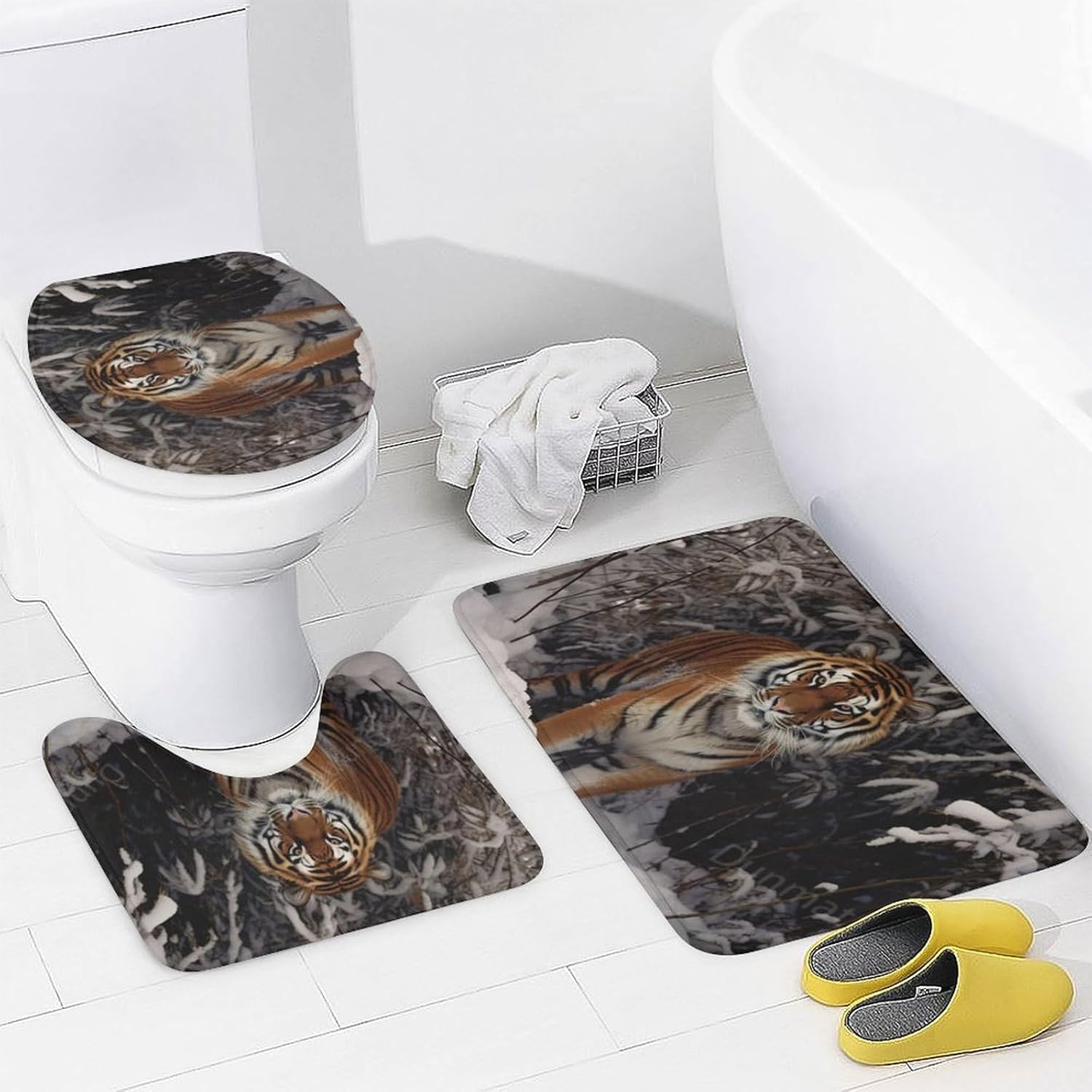 4 Pieces Funny Tiger Shower Curtain Set Winter Countryside Forest Nature Animal Picture on Non-Slip Rugs Toilet Lid Cover Bath Mat and Bathroom Curtain with 12 Hooks,72x72 Inch