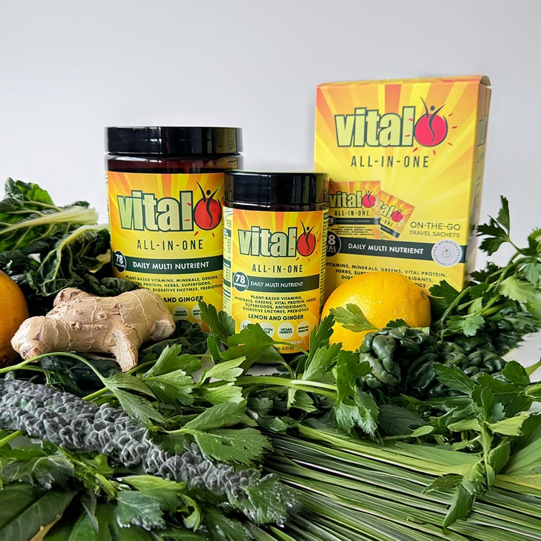 Vital All-in-One Daily Powdered Supplement - Natural Greens Superfood Powder for Energy & Health, Super Greens Powder Drink Mix with Probiotic & Antioxidant Support - Lemon & Ginger, 10.58 oz (300 g)