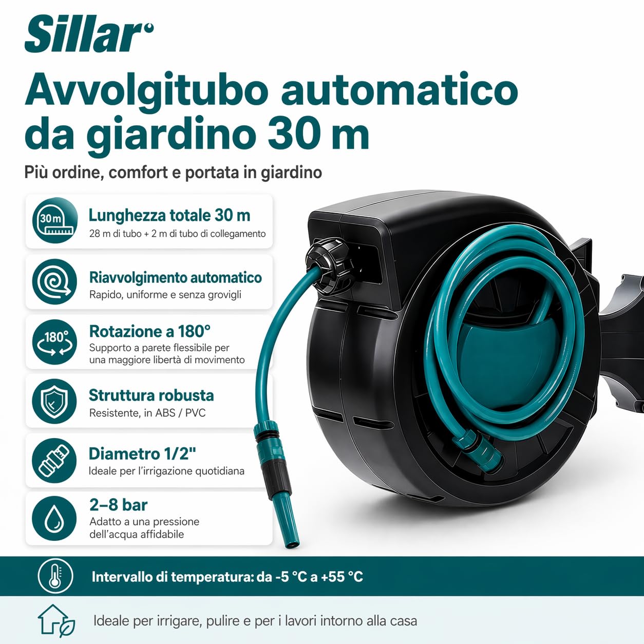 Sillar Avvolgitubo da Giardino 30 Metri da Parete, Avvolgitubo Acqua Automatico con Tubo da Giardino 1/2 Pollice, Rotazione 180°, Pistola Irrigazione 7 Funzioni, Lancia e Kit di Montaggio Inclusi