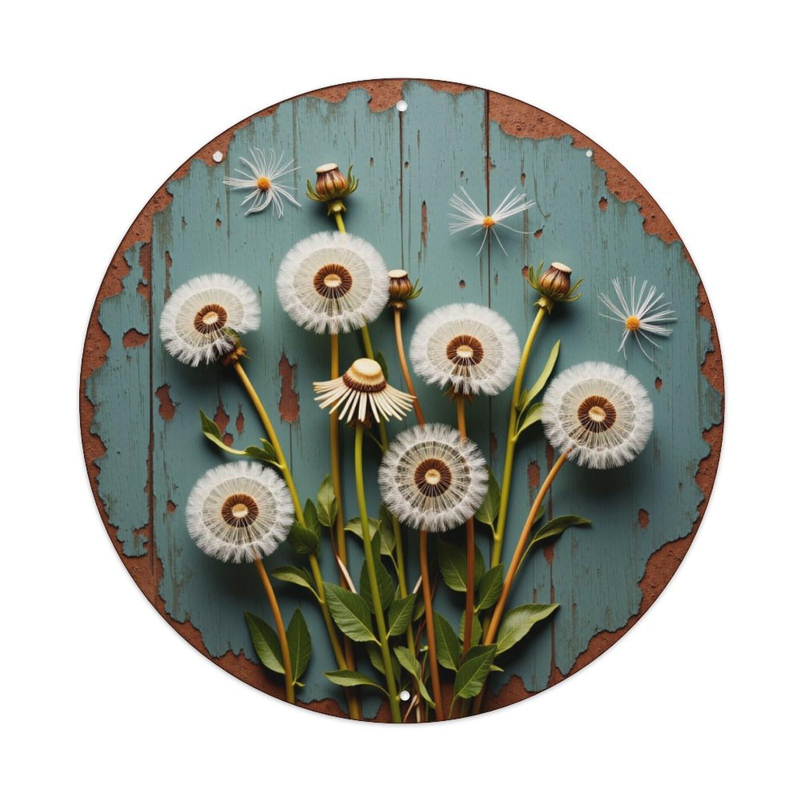 Dandelion Flowers On Rustic Wood Round Tin Sign Vintage Metal Poster, Home Bar Garage Man Cave Cafe Indoor & Outdoor Wall Decoration 8x8Inches
