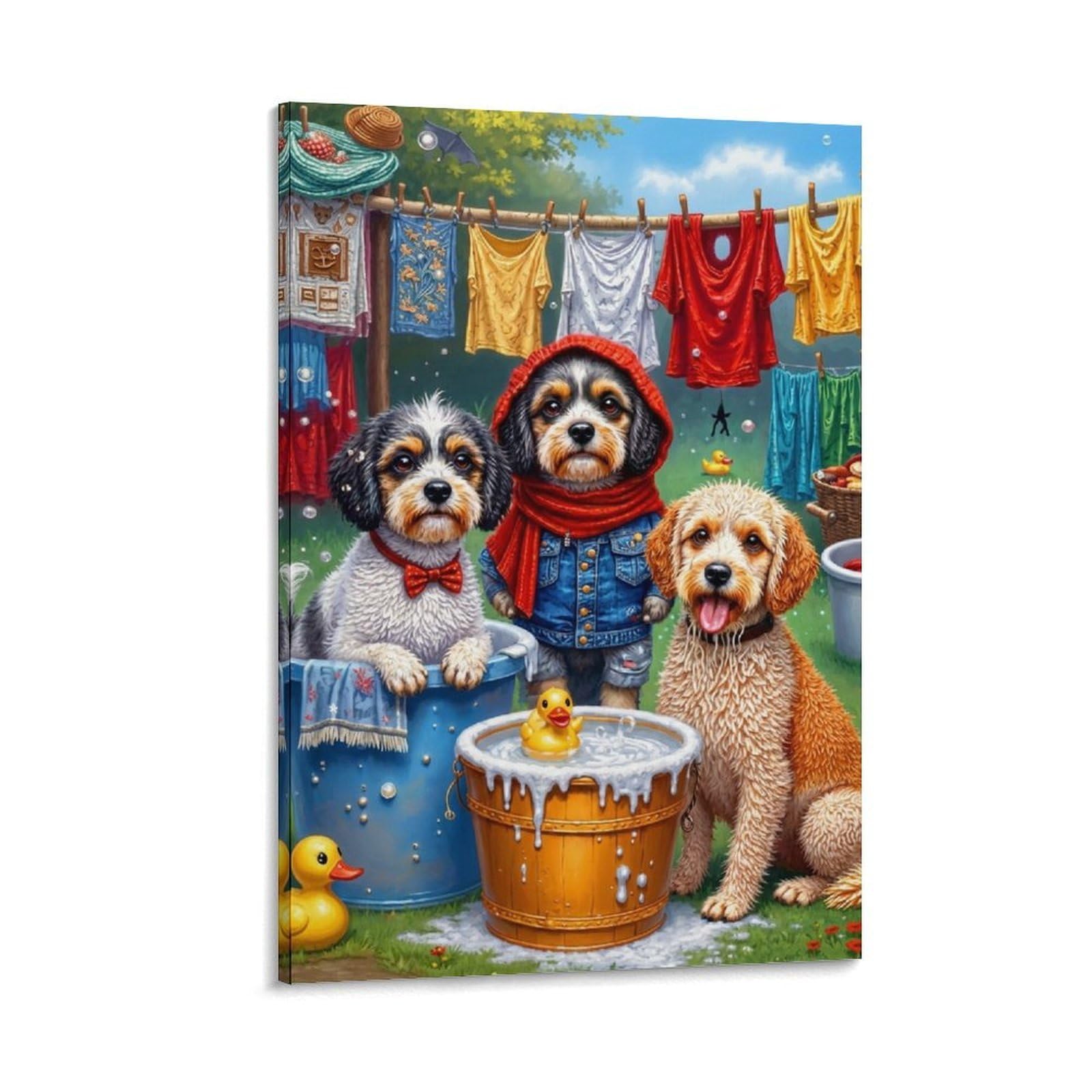 DHBANEIOK Dogs Bathing Scene Wall Decor Poster Canvas Prints Picture Modern Wall Art Picture Wall Hanging for Home Decorations 20x30inch(50x75cm)
