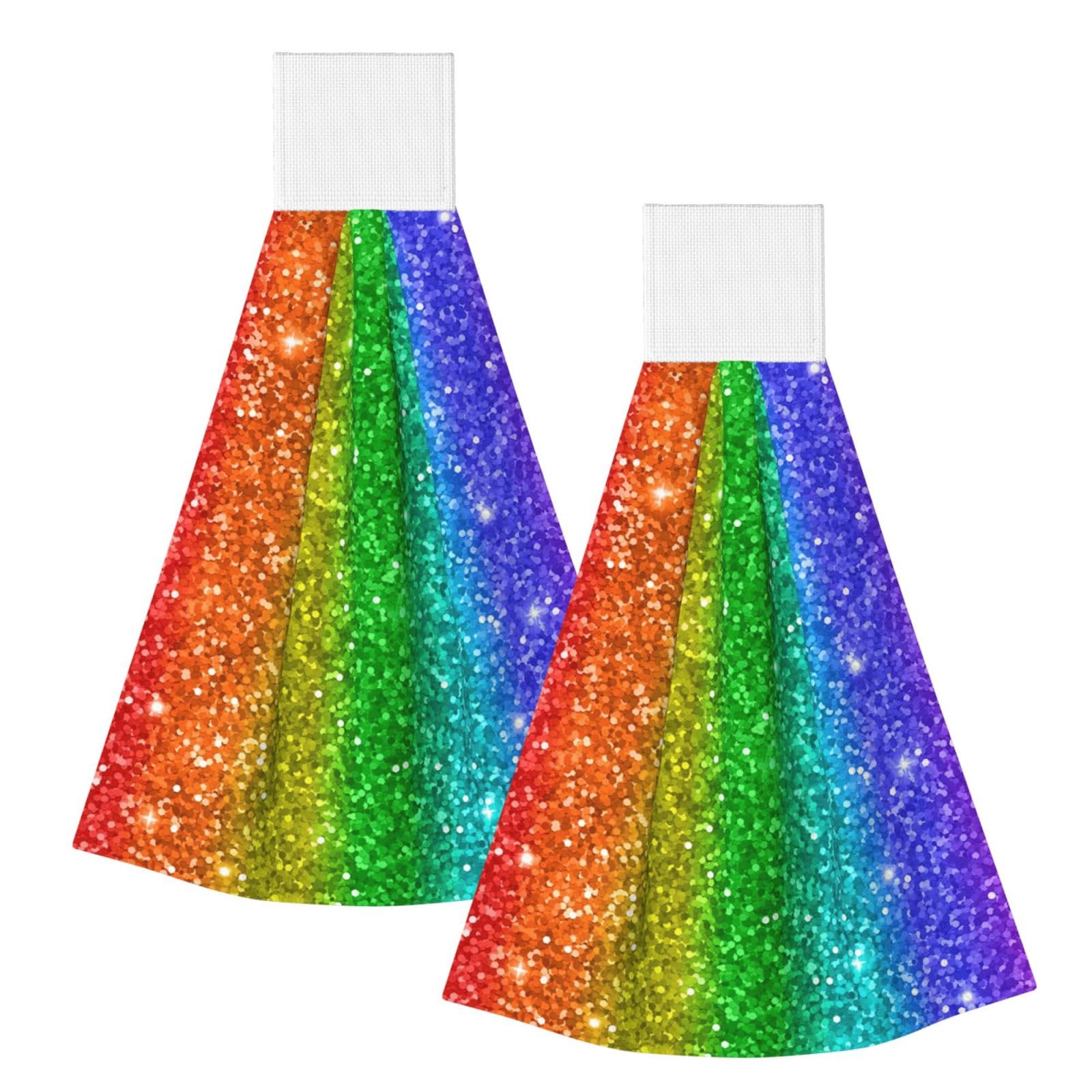 DOPKLNA Rainbow Looks Like With Sequin, 2 Pcs Hanging Coral Fiber Hand Towels for Bathroom, Absorbent Kitchen Towels