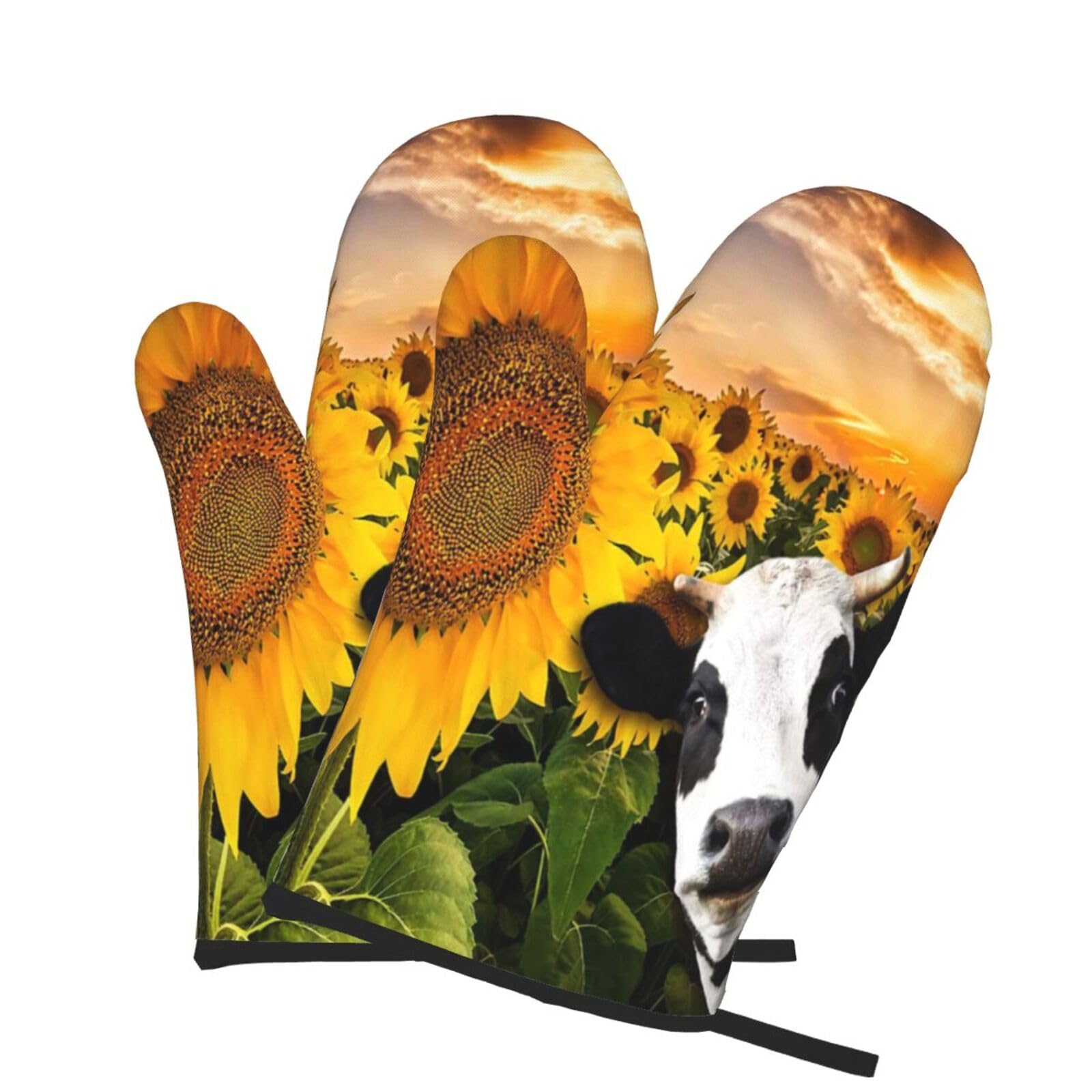 Oven Mitts Set of 2 Pcs, Sunflower and Cow Prints Heat Resistant Kitchen Gloves for Cooking Baking Grilling