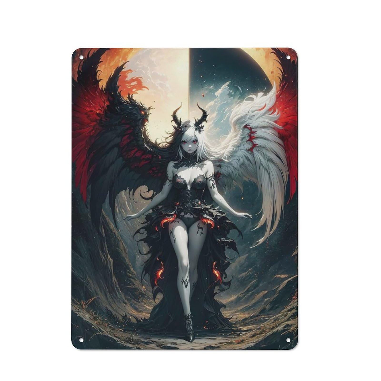 Junmoney Style-15 Understated Office Metal Sign 40X30cm Featuring Gothic Angel And Devil, Studio Wall Plaque For Office, Study, Studio Or Hallway