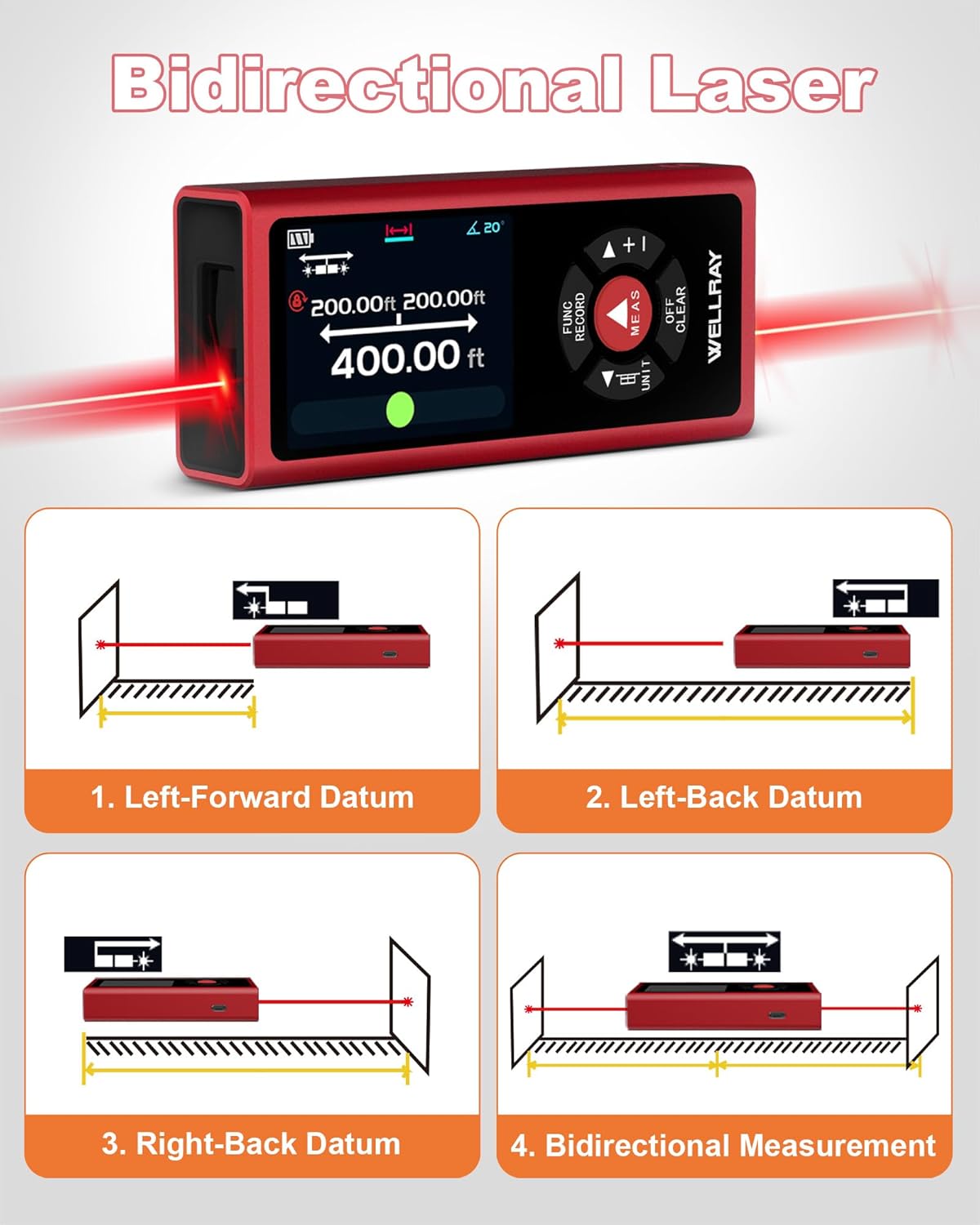 Dual Laser Measuring Tool, Rechargeable Laser Measure Tool with Long-Lasting Battery, 400Ft Laser Distance Meters with ±1/16" Accuracy, Laser Measurement Tool with Bubble Level for DIY Home Outdoor